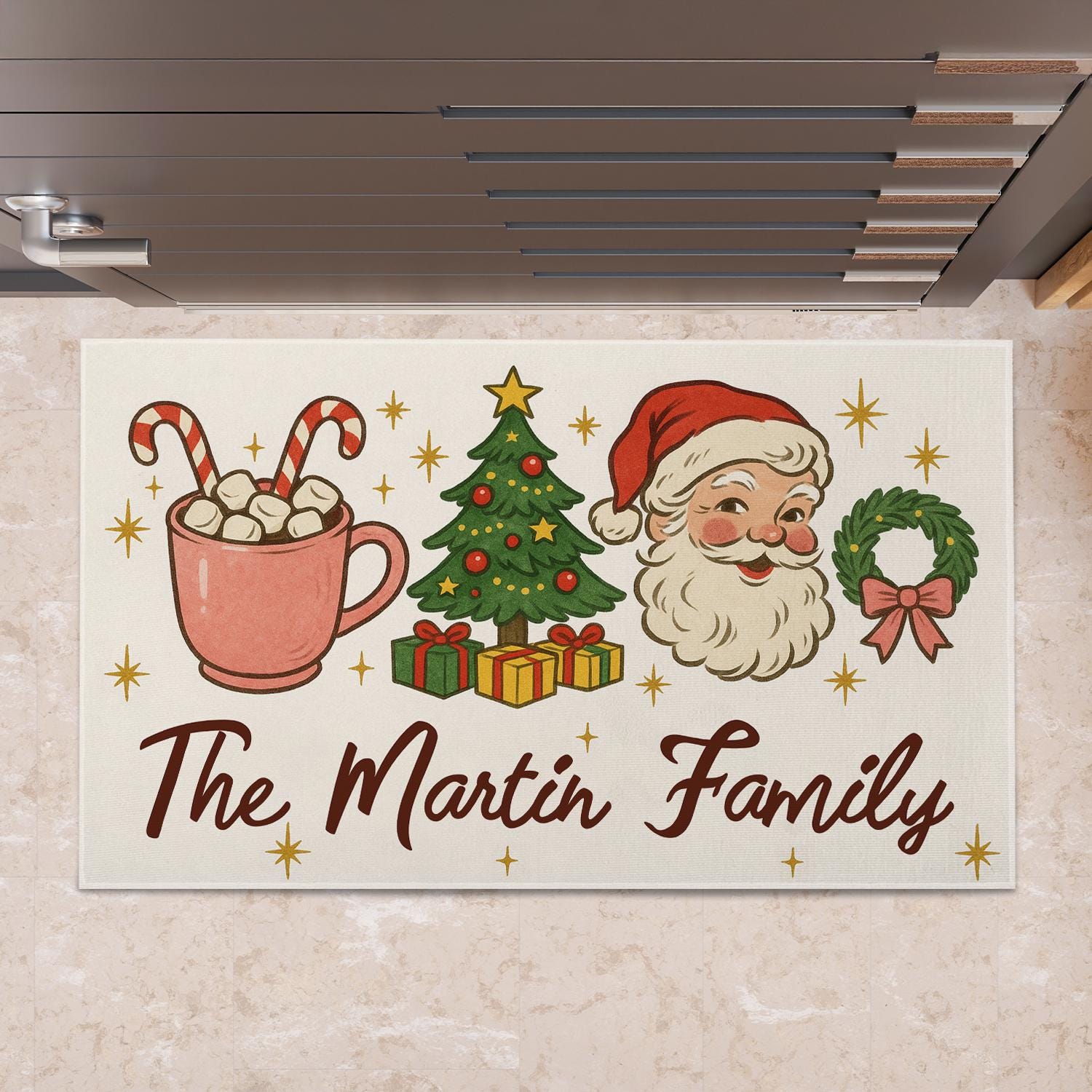 Personalized Christmas Doormat with Santa, Tree, and Gifts – Family Name Design