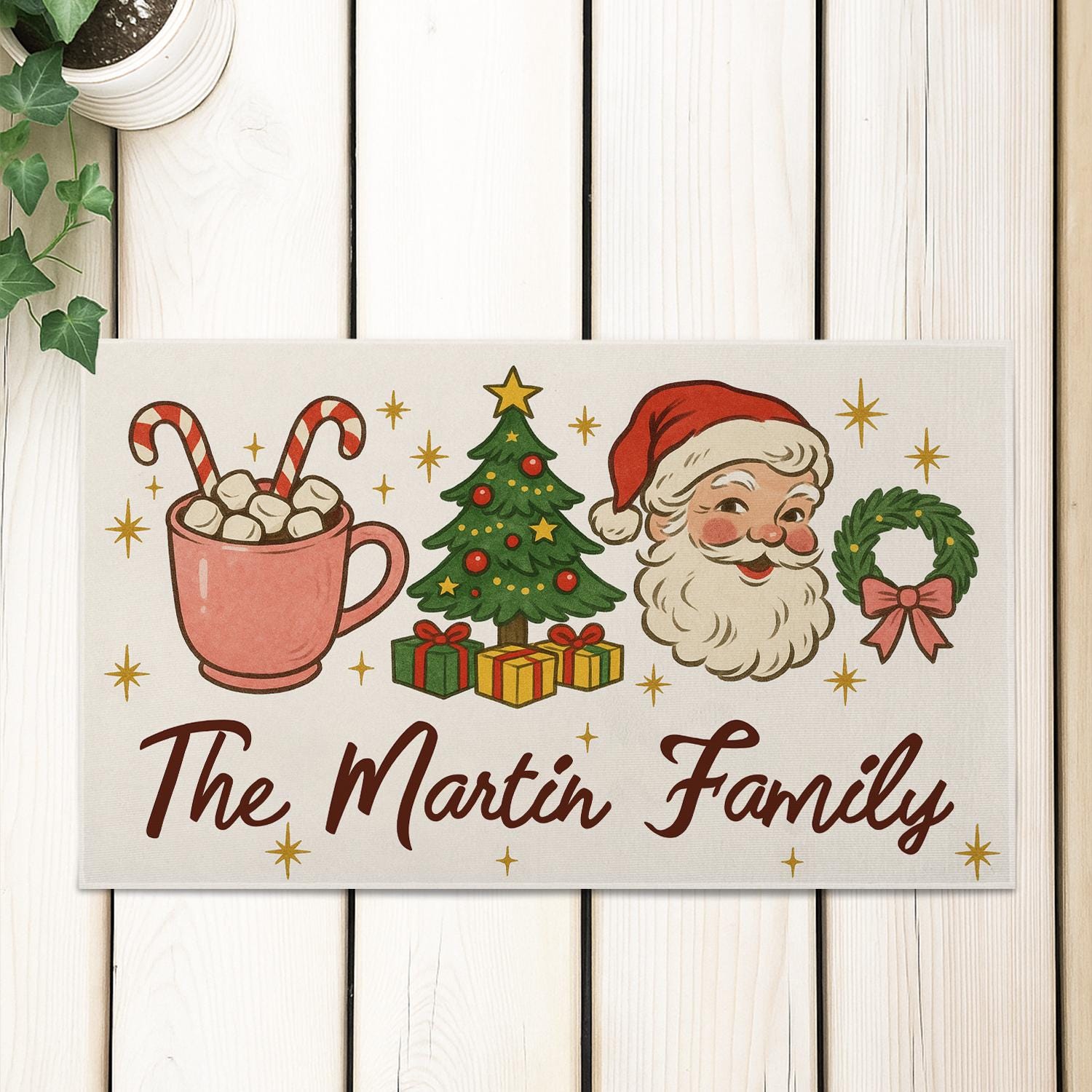 Personalized Christmas Doormat with Santa, Tree, and Gifts – Family Name Design