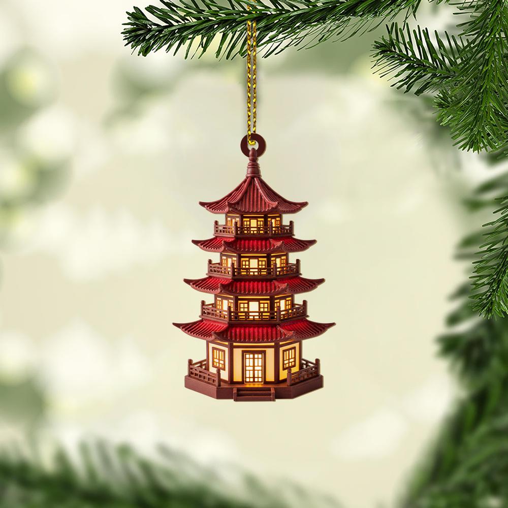 Pagoda Ornament for Christmas Tree, Asian Architecture Holiday Decoration, Red Lantern Style Hanging Decor
