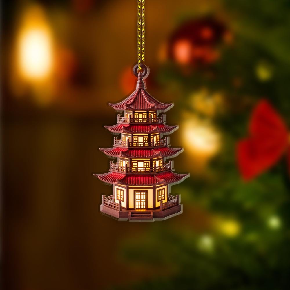 Pagoda Ornament for Christmas Tree, Asian Architecture Holiday Decoration, Red Lantern Style Hanging Decor