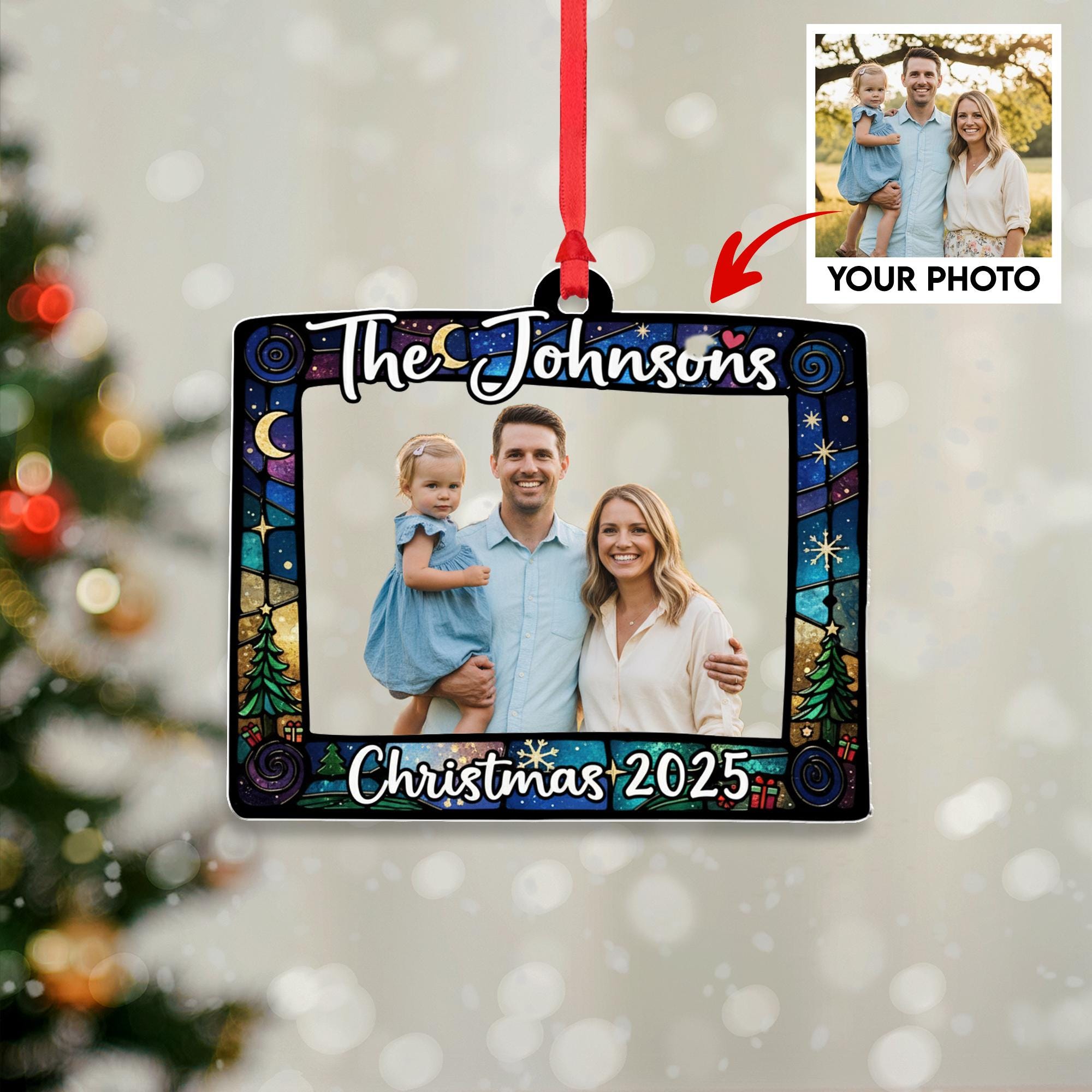 Personalized Family Photo Ornament 2025 – Custom Name Christmas Tree Decoration with Picture
