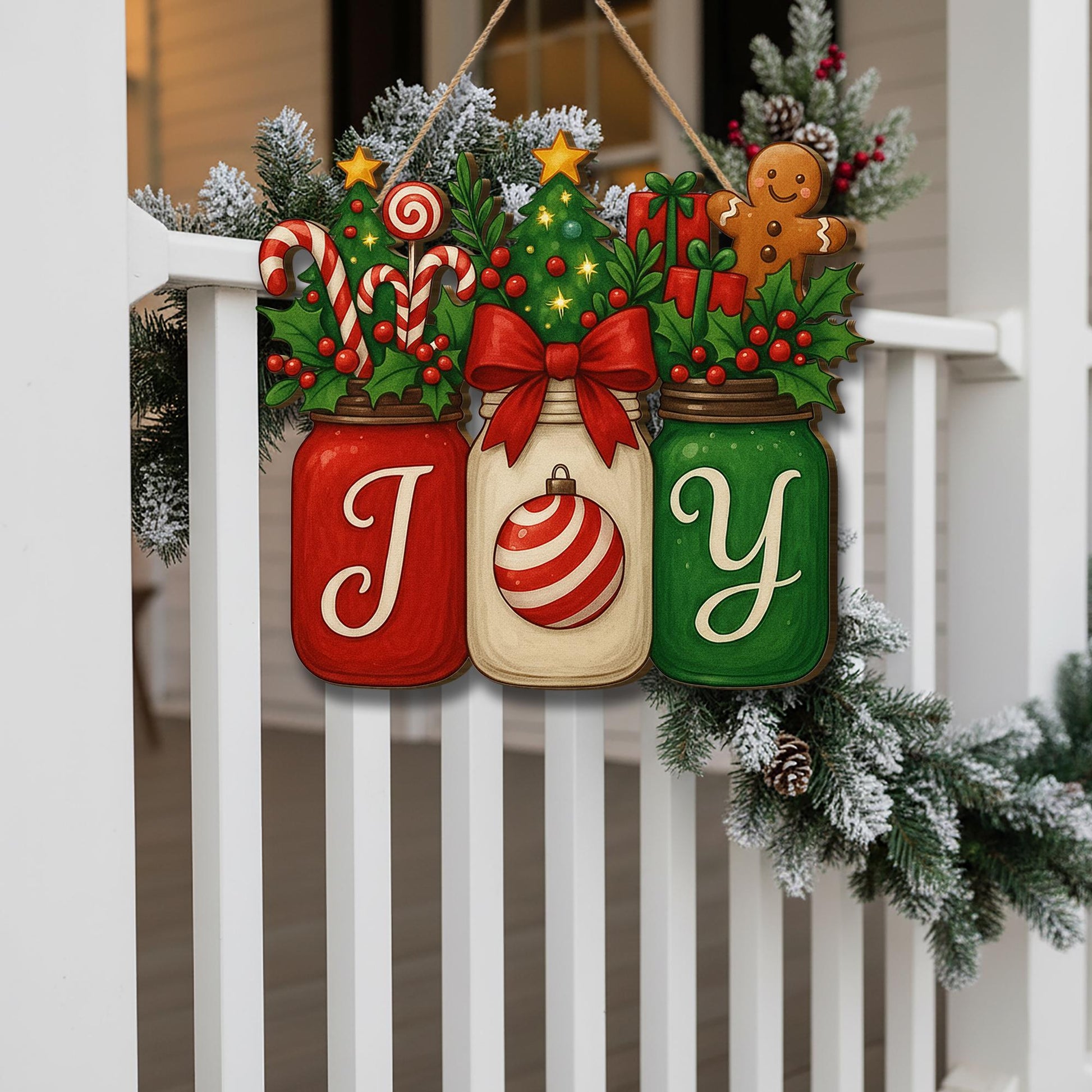 Christmas JOY Jar Hanging Sign – GingerBread Candy Holiday Door Decor