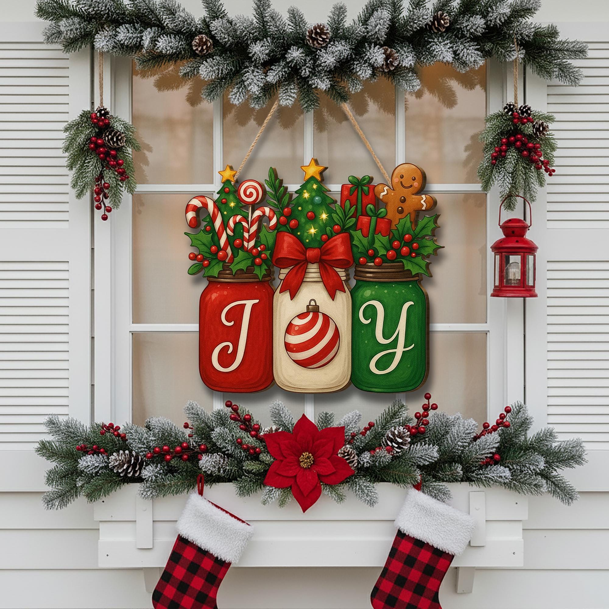 Christmas JOY Jar Hanging Sign – GingerBread Candy Holiday Door Decor