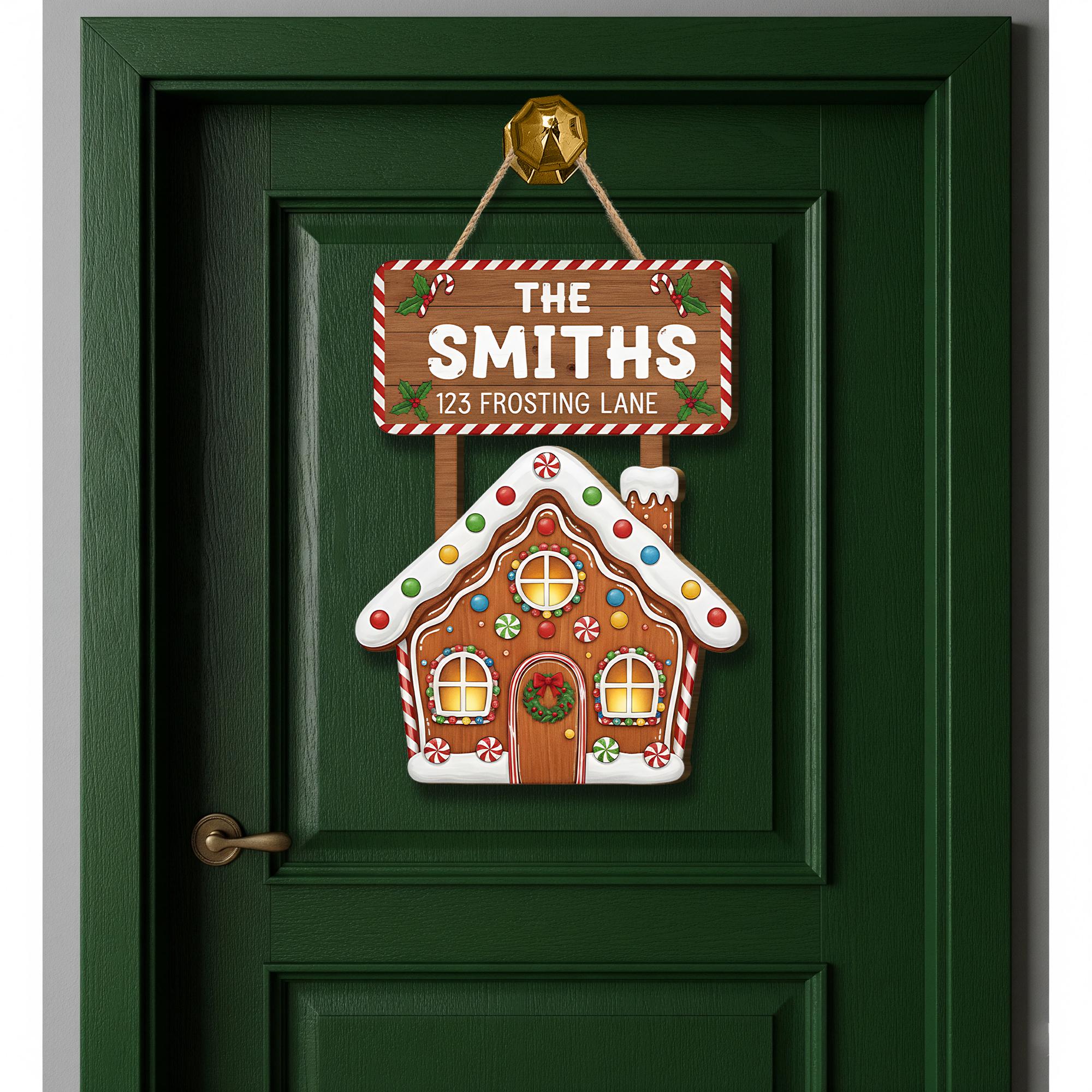 Personalized Gingerbread House Door Sign – Custom Family Christmas Decor with Name & Address