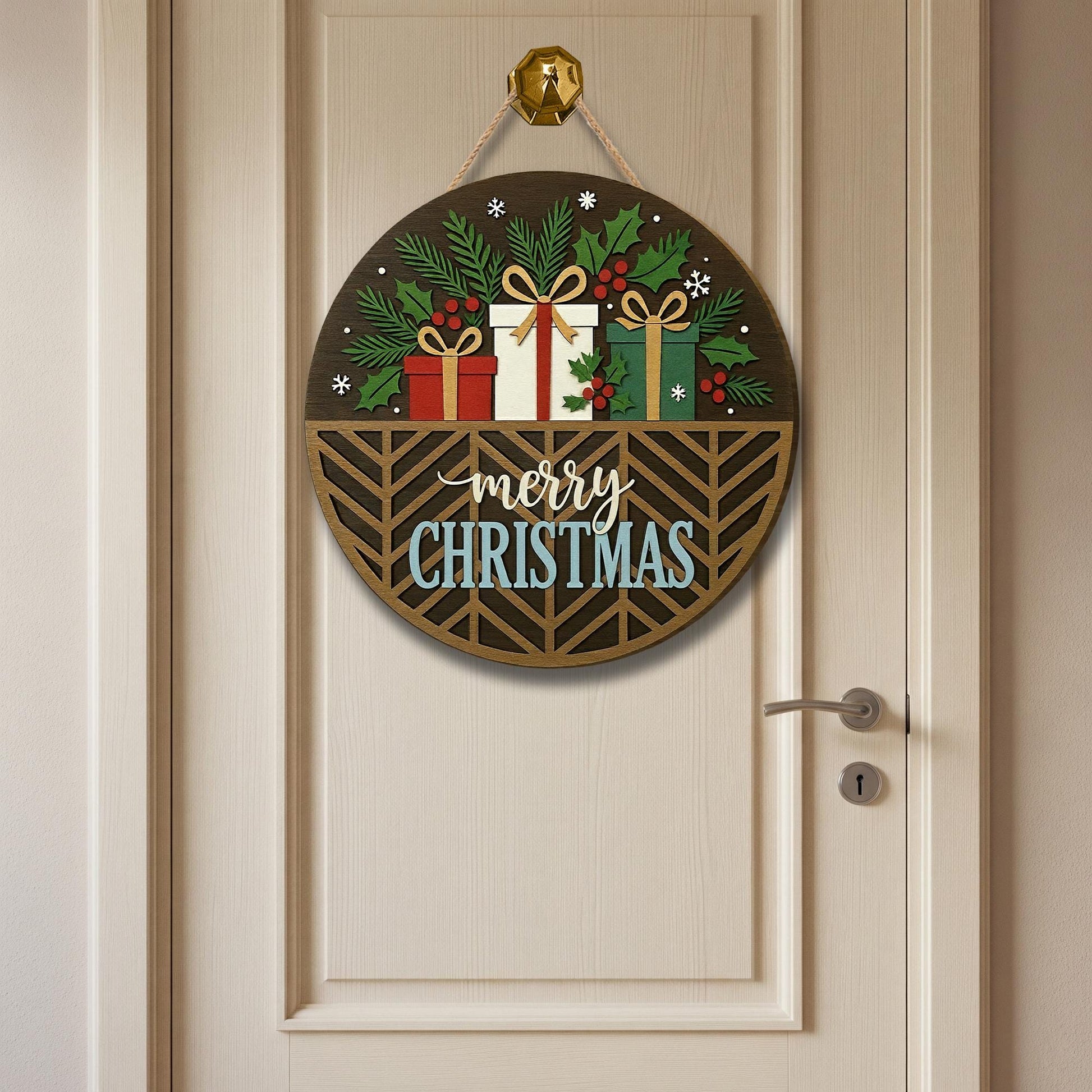 Rustic Merry Christmas Door Sign – Round Wooden Holiday Wall Hanging