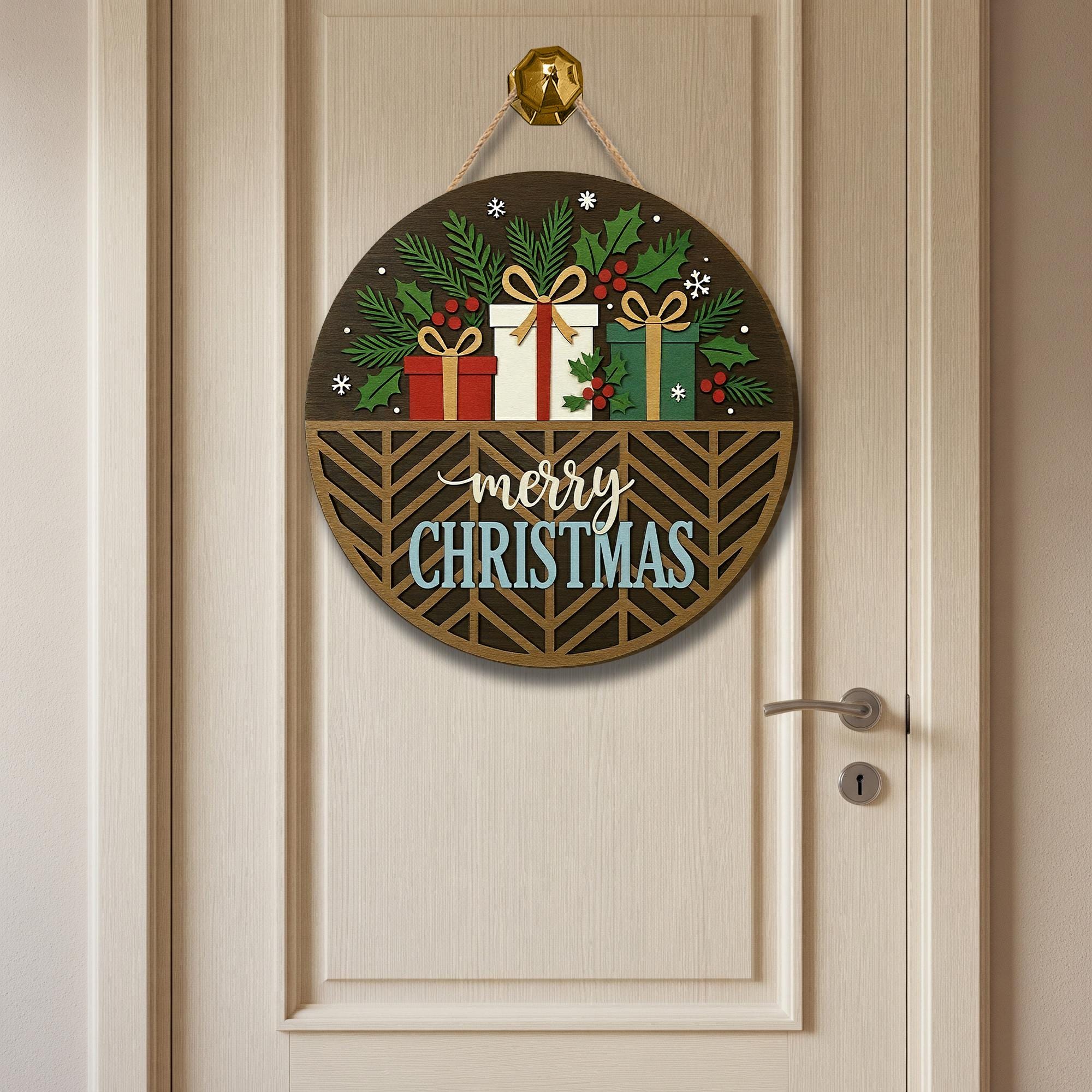 Rustic Merry Christmas Door Sign – Round Wooden Holiday Wall Hanging