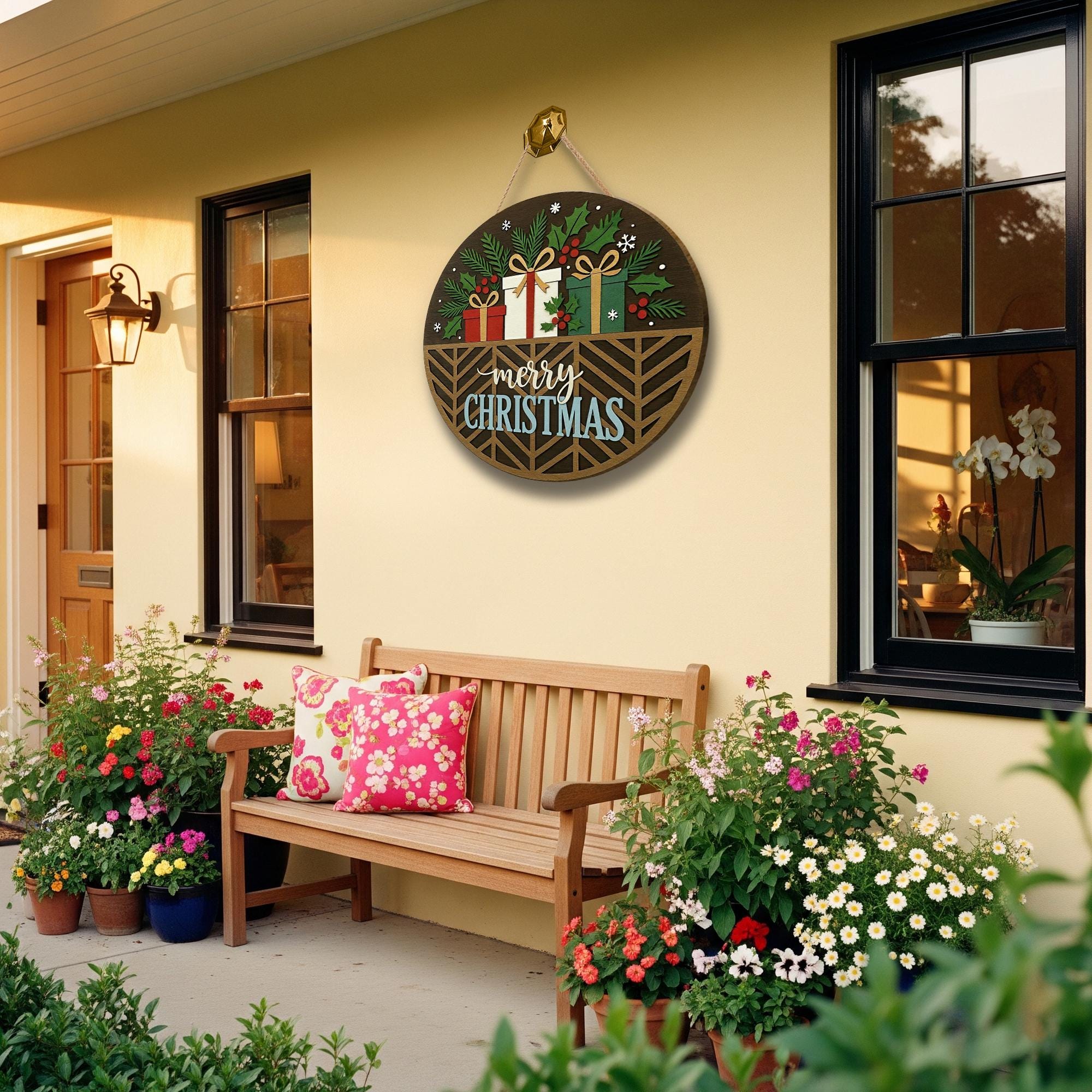 Rustic Merry Christmas Door Sign – Round Wooden Holiday Wall Hanging