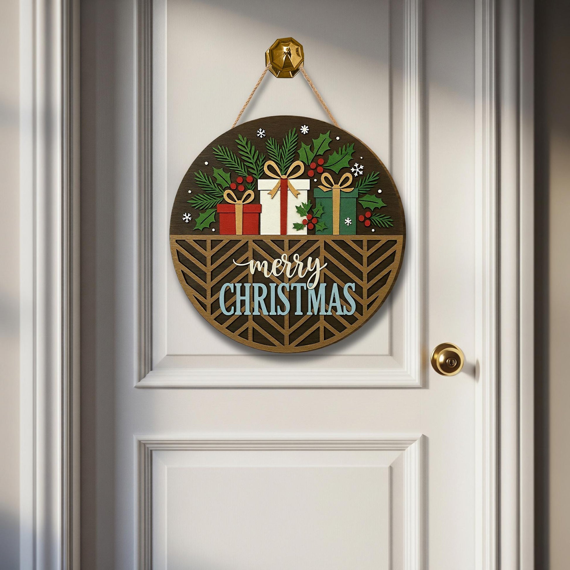 Rustic Merry Christmas Door Sign – Round Wooden Holiday Wall Hanging
