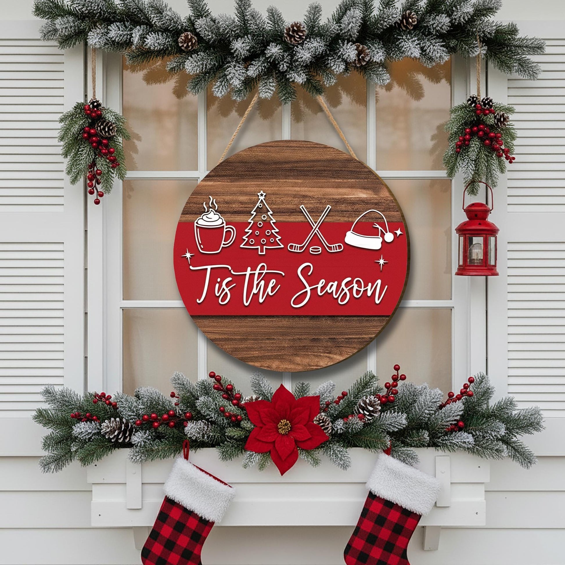 Tis the Season Door Sign – Round Wooden Hoockey Christmas Porch Decor