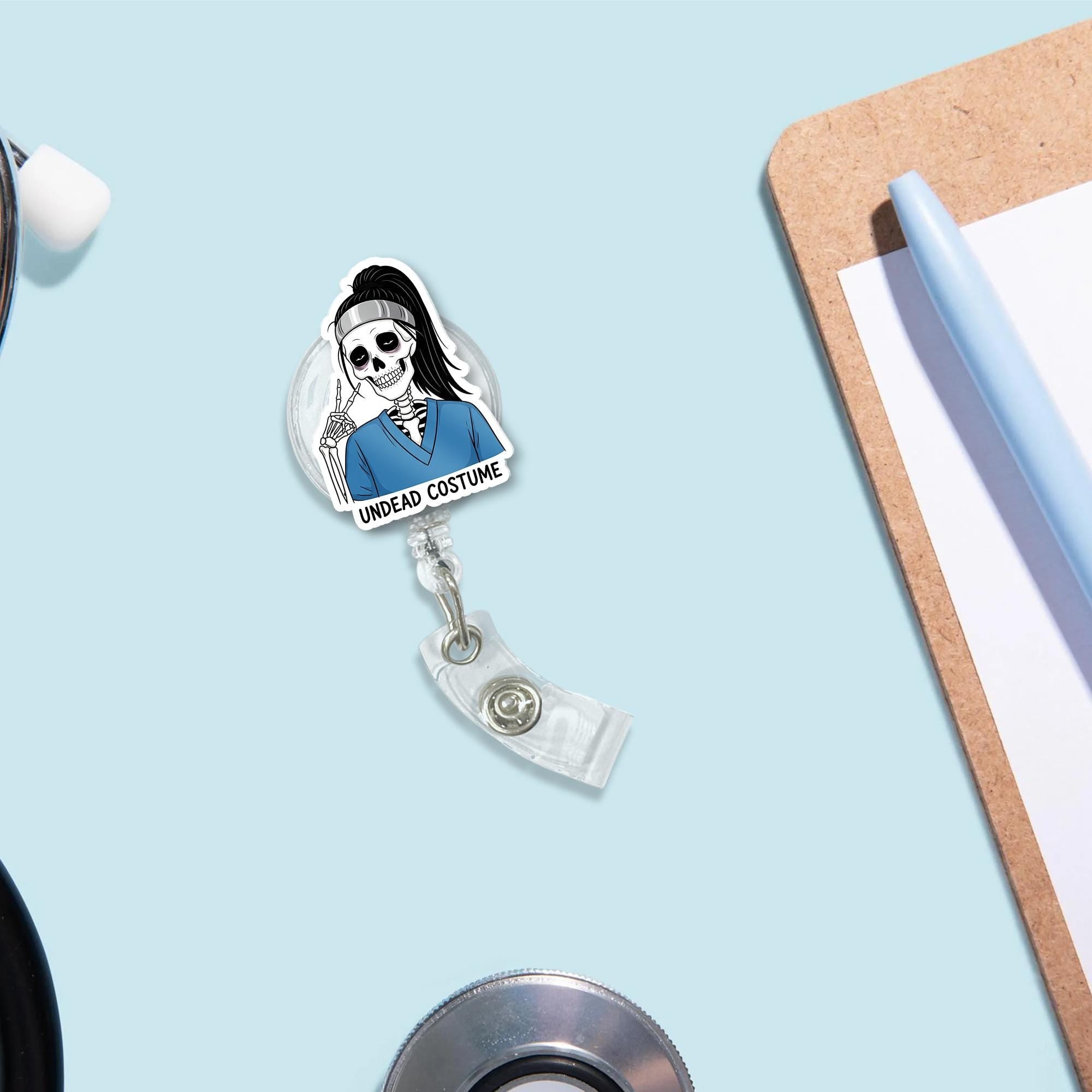 Undead Nurse Badge Reel | Halloween Skeleton Badge Holder | Spooky Retractable ID Clip | Funny Medical Nurse Costume Accessory