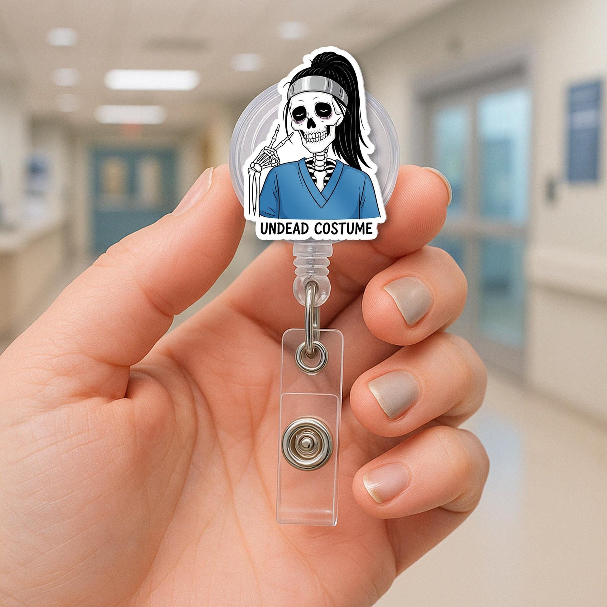 Undead Nurse Badge Reel | Halloween Skeleton Badge Holder | Spooky Retractable ID Clip | Funny Medical Nurse Costume Accessory