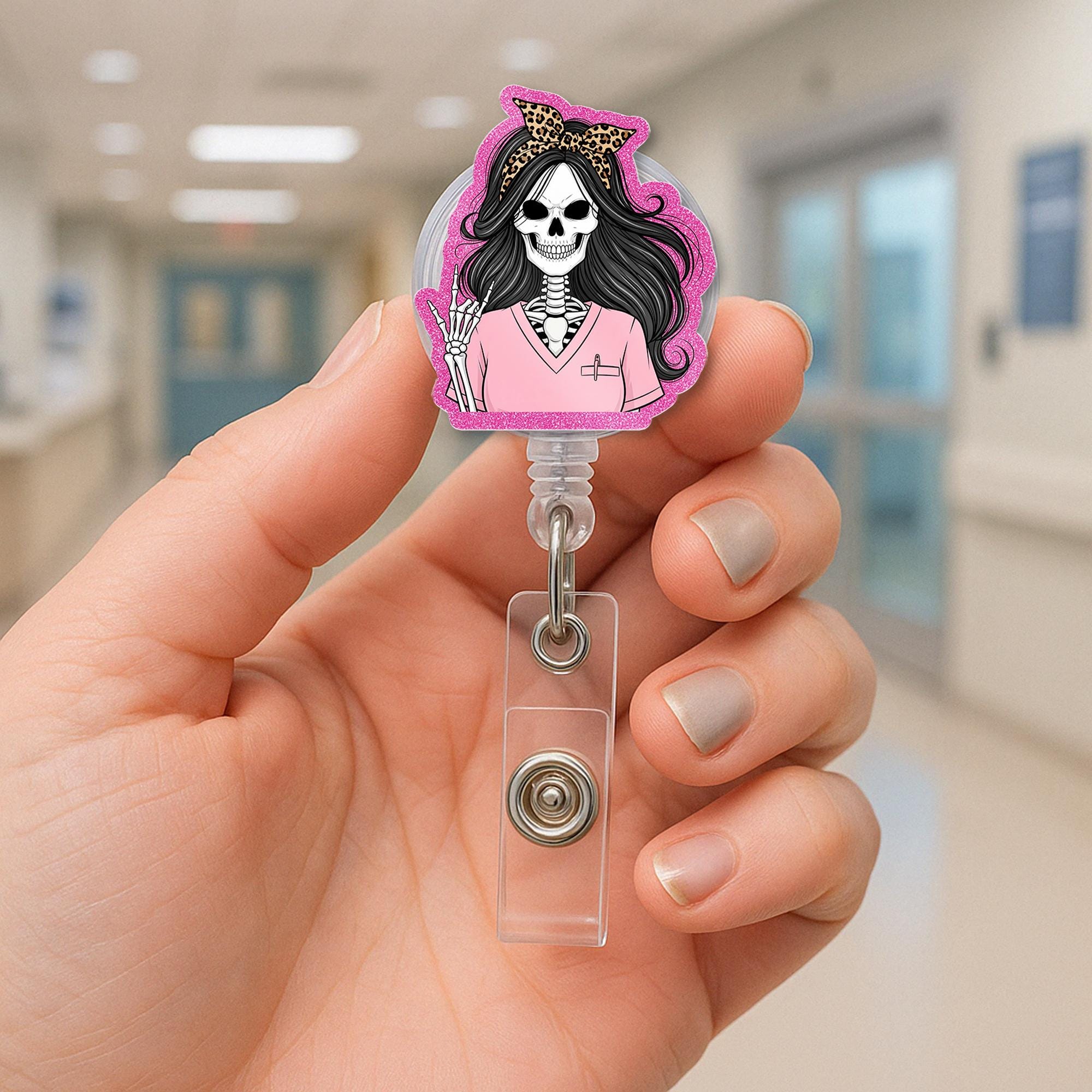 Pink Skeleton Nurse Badge Reel | Cute Halloween Badge Holder | Spooky Retractable ID Clip | Funny Nurse Gift | Leopard Bow Accessory