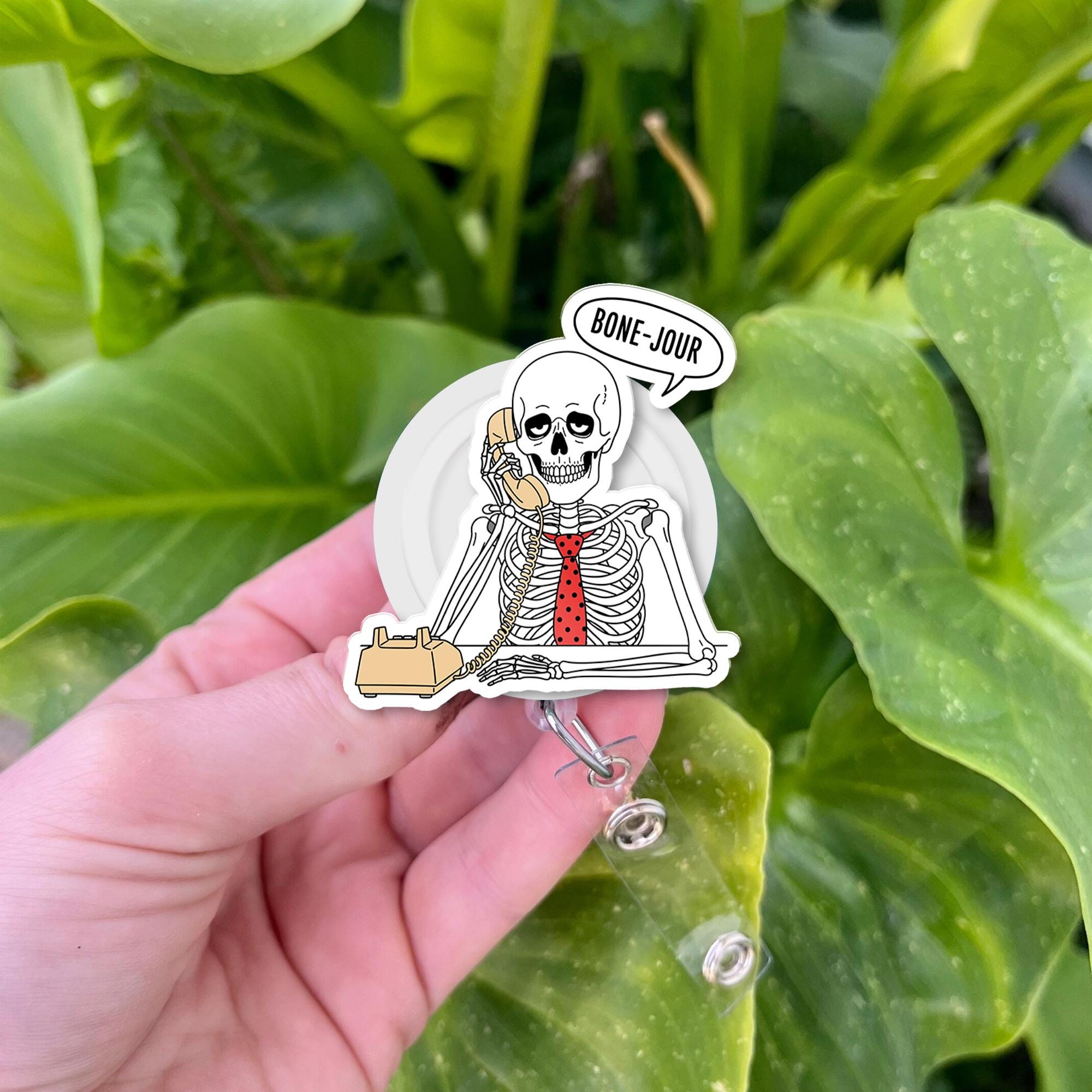 Funny Skeleton Badge Reel | Bone-Jour Pun Badge Holder | Spooky Retractable ID Clip | Halloween Office Gift | Cute Work Badge