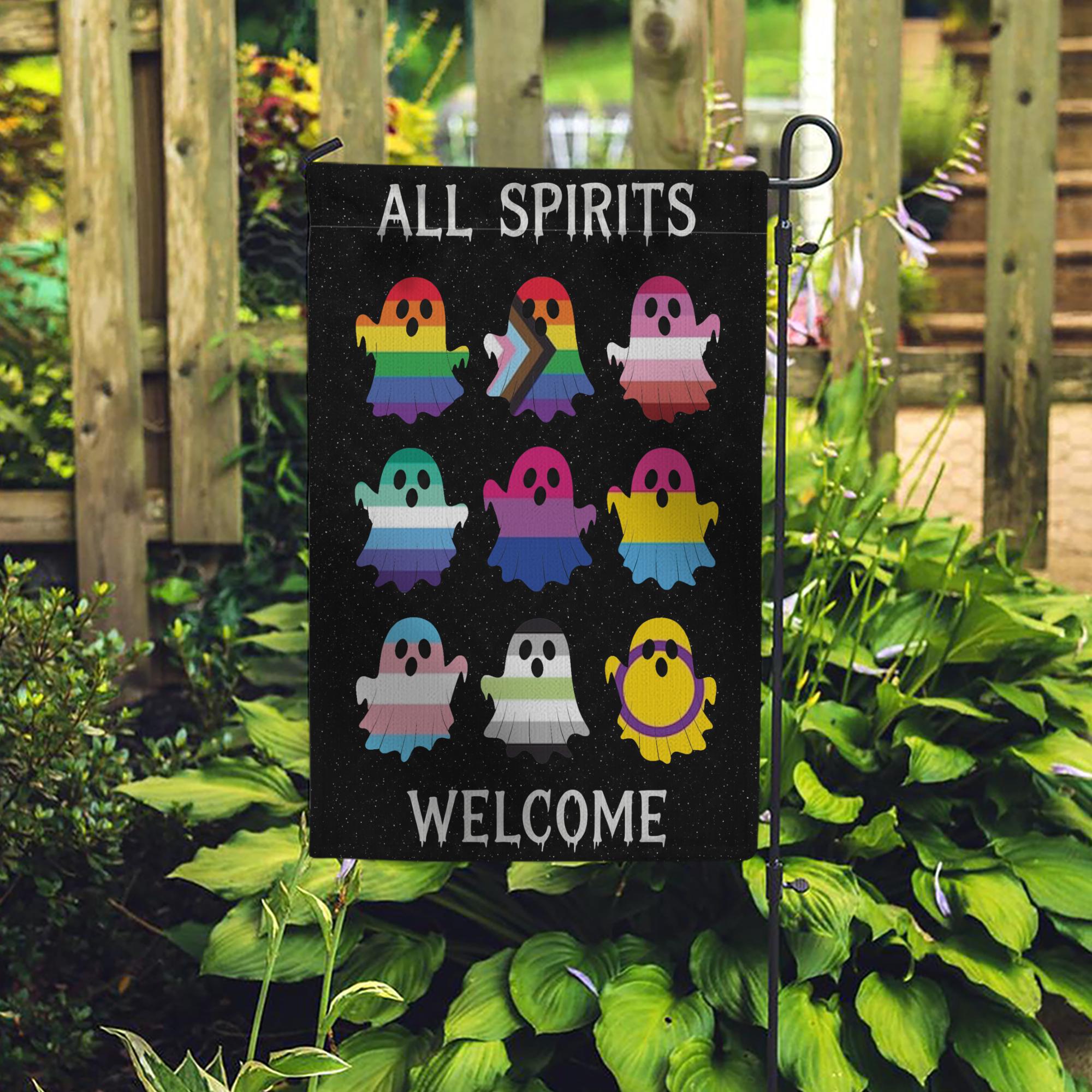 All Spirits Welcome Flag | LGBTQ Pride Halloween Garden Flag | Inclusive Ghost Yard Decoration | Outdoor Spooky House Decor