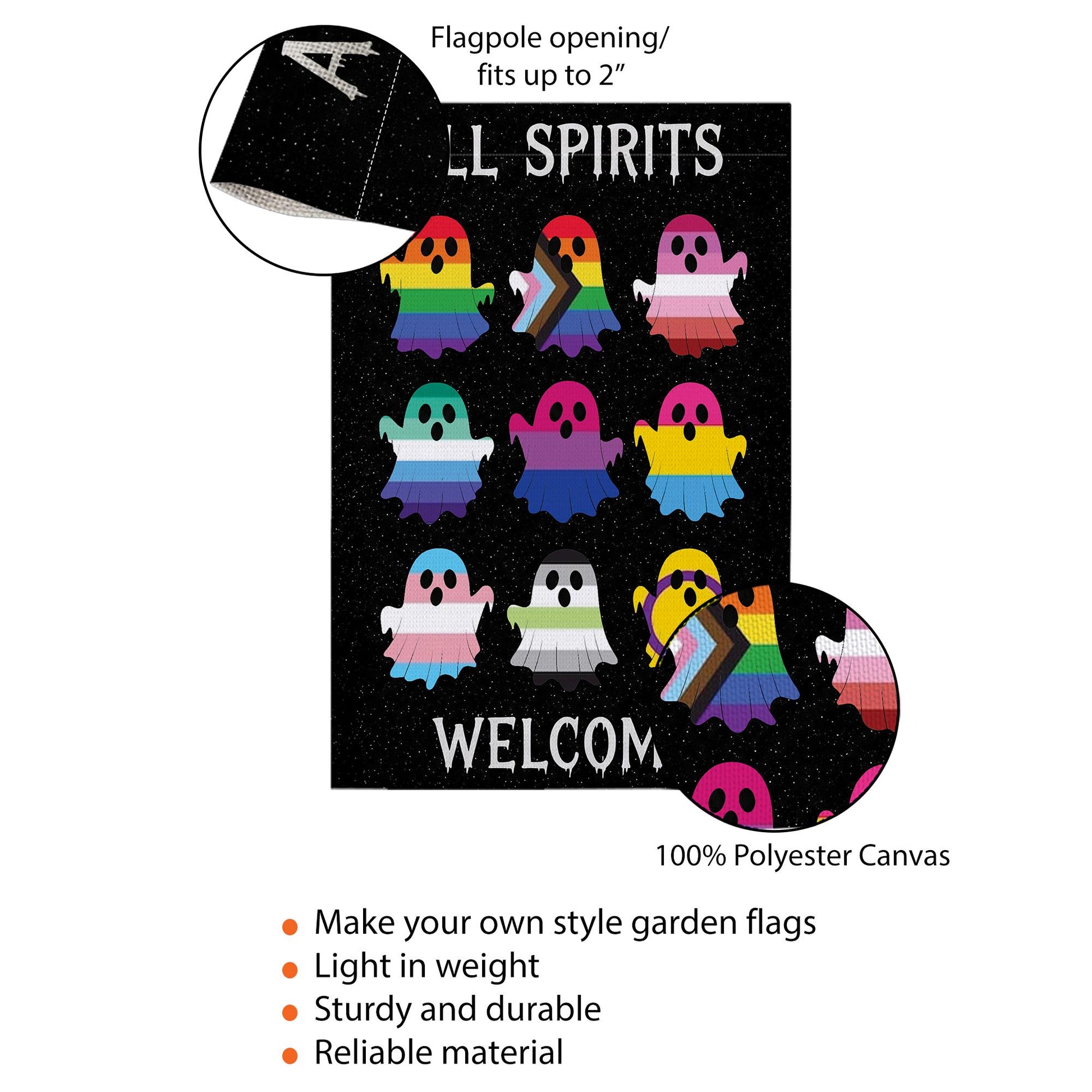 All Spirits Welcome Flag | LGBTQ Pride Halloween Garden Flag | Inclusive Ghost Yard Decoration | Outdoor Spooky House Decor