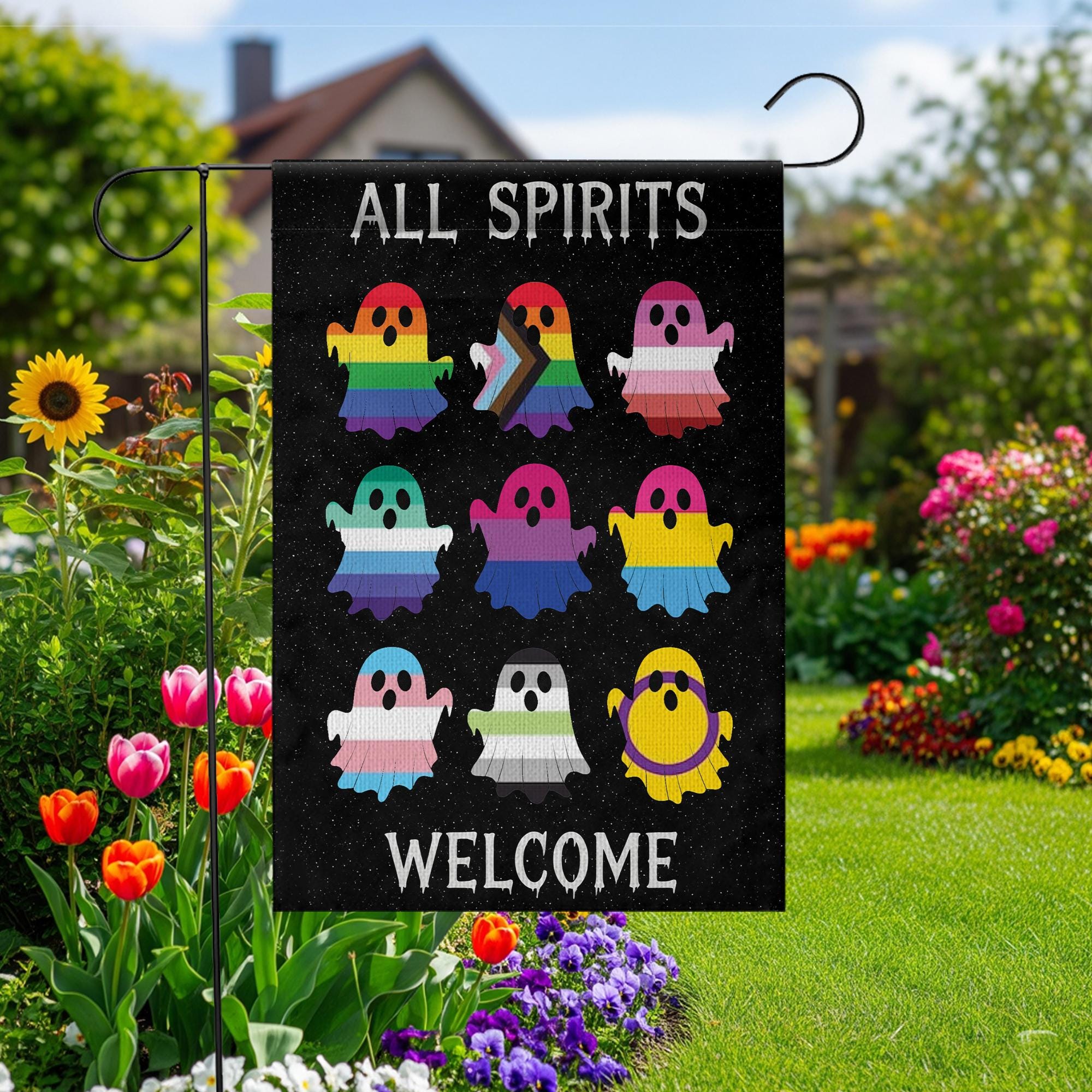 All Spirits Welcome Flag | LGBTQ Pride Halloween Garden Flag | Inclusive Ghost Yard Decoration | Outdoor Spooky House Decor