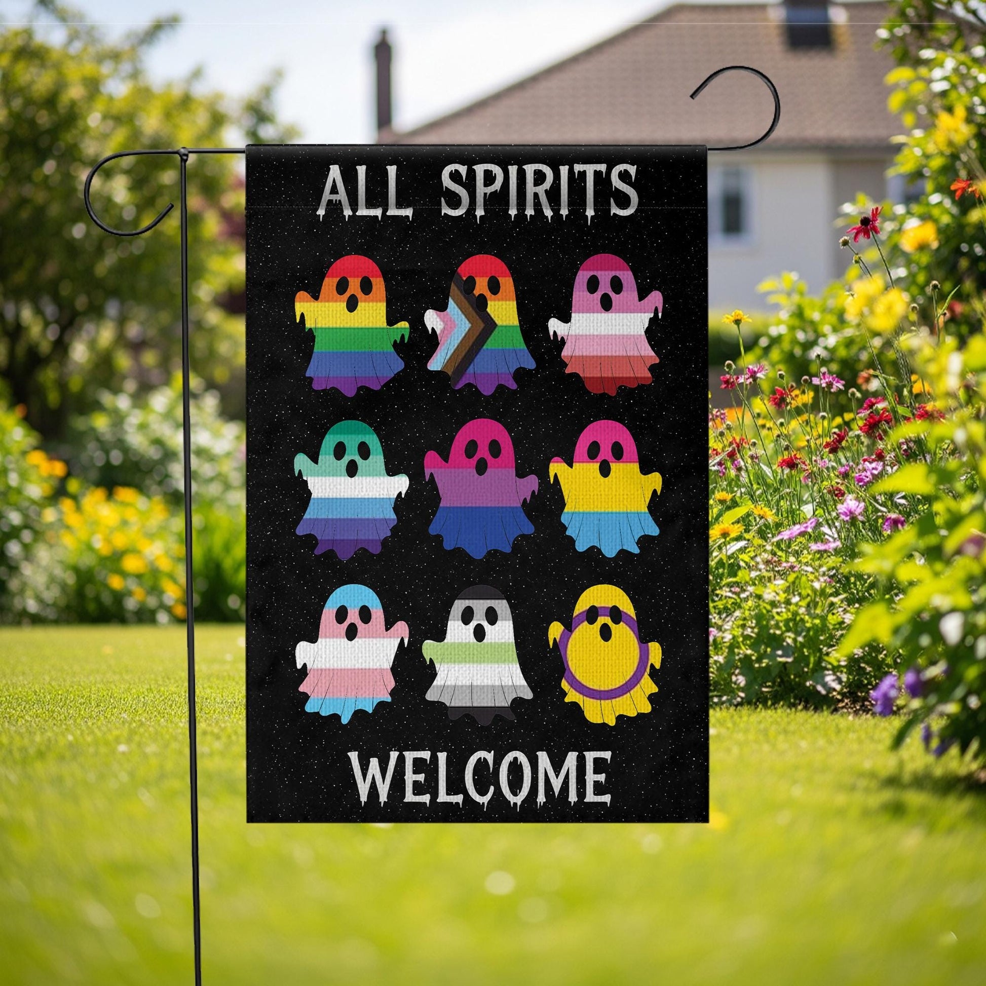 All Spirits Welcome Flag | LGBTQ Pride Halloween Garden Flag | Inclusive Ghost Yard Decoration | Outdoor Spooky House Decor