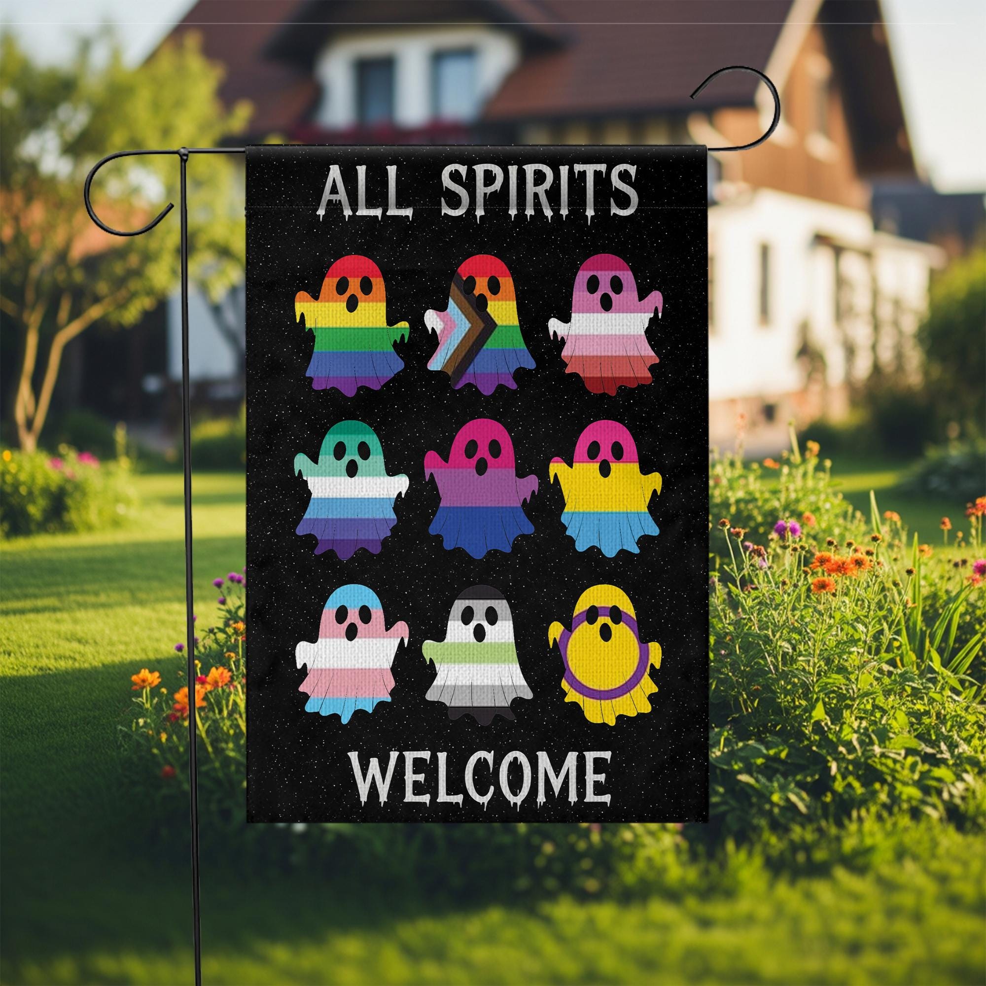 All Spirits Welcome Flag | LGBTQ Pride Halloween Garden Flag | Inclusive Ghost Yard Decoration | Outdoor Spooky House Decor