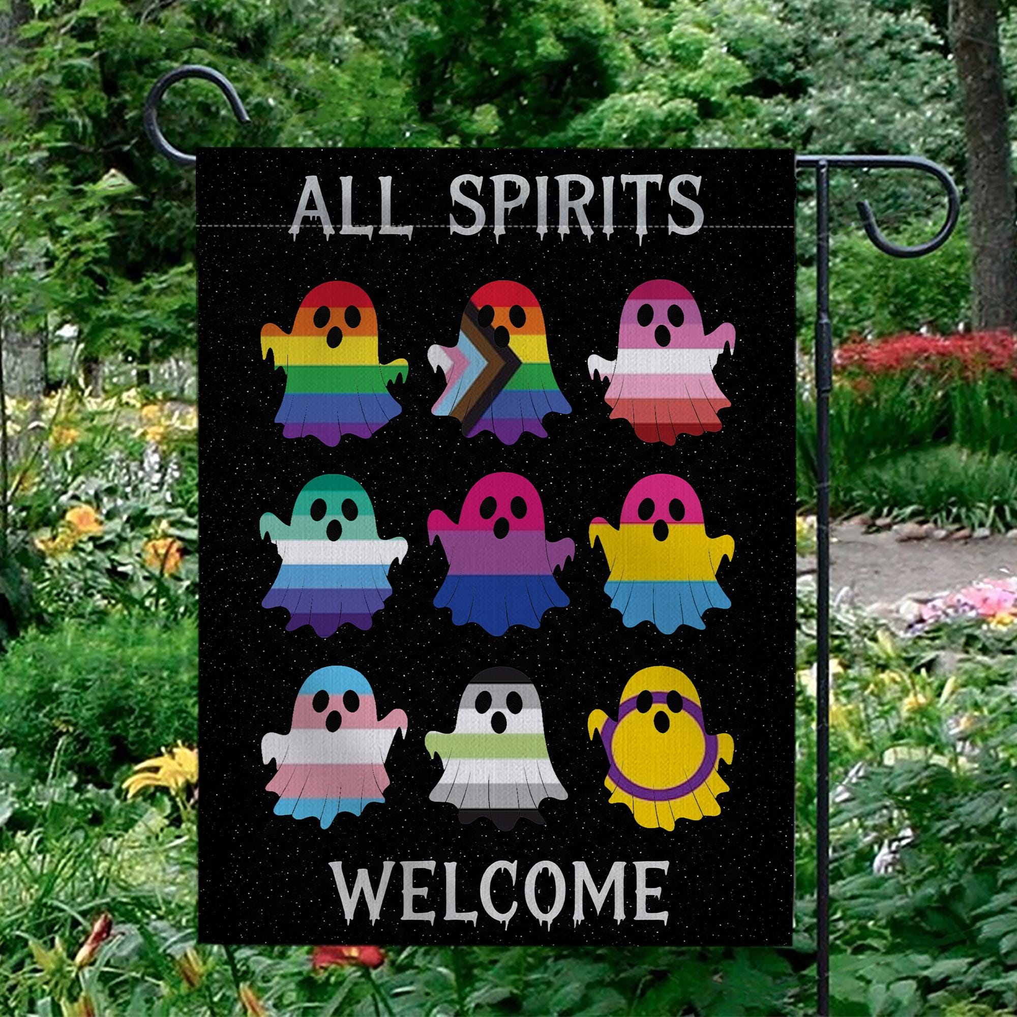 All Spirits Welcome Flag | LGBTQ Pride Halloween Garden Flag | Inclusive Ghost Yard Decoration | Outdoor Spooky House Decor