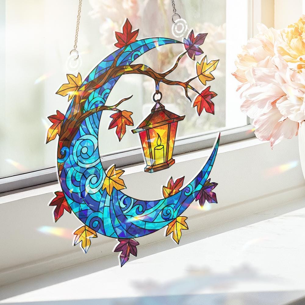 Hologram Acrylic Moon Window Hanging: Autumn Leaf Lantern Decor