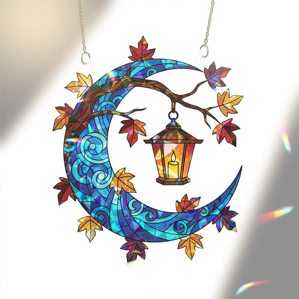 Hologram Acrylic Moon Window Hanging: Autumn Leaf Lantern Decor