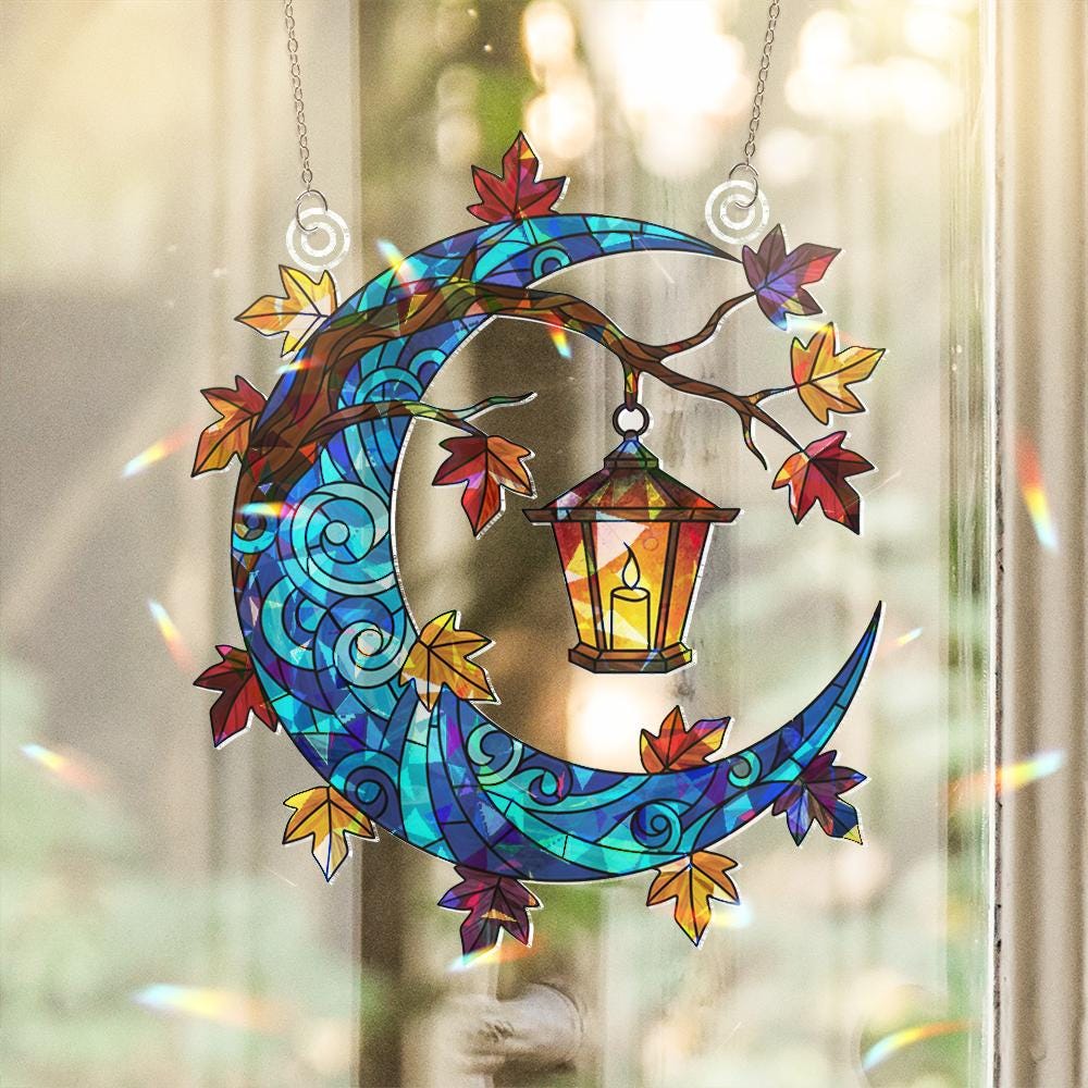 Hologram Acrylic Moon Window Hanging: Autumn Leaf Lantern Decor