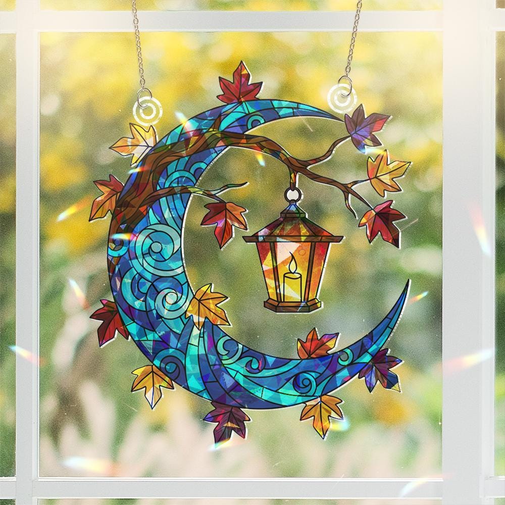 Hologram Acrylic Moon Window Hanging: Autumn Leaf Lantern Decor