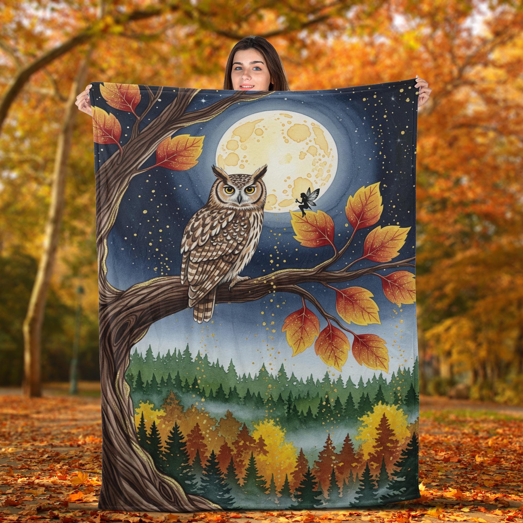Owl Fleece Blanket | Cozy Fall Forest Throw with Moon & Autumn Leaves | Soft Woodland Wildlife Bed Blanket | Nature Lover Gift
