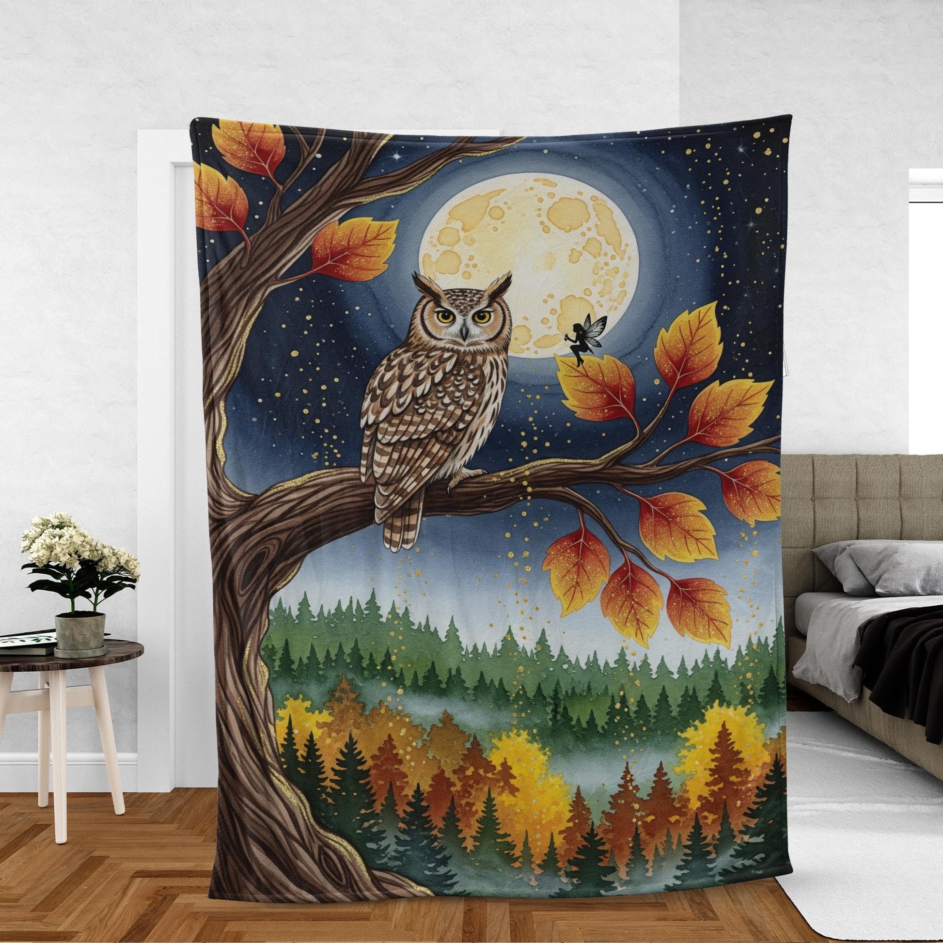Owl Fleece Blanket | Cozy Fall Forest Throw with Moon & Autumn Leaves | Soft Woodland Wildlife Bed Blanket | Nature Lover Gift