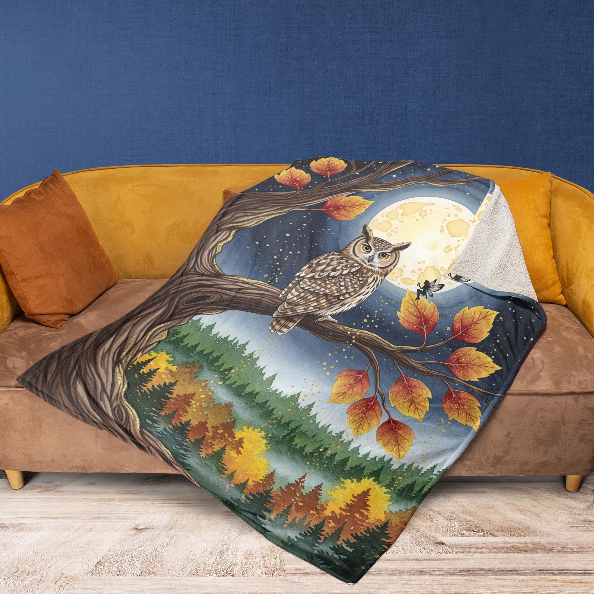 Owl Fleece Blanket | Cozy Fall Forest Throw with Moon & Autumn Leaves | Soft Woodland Wildlife Bed Blanket | Nature Lover Gift