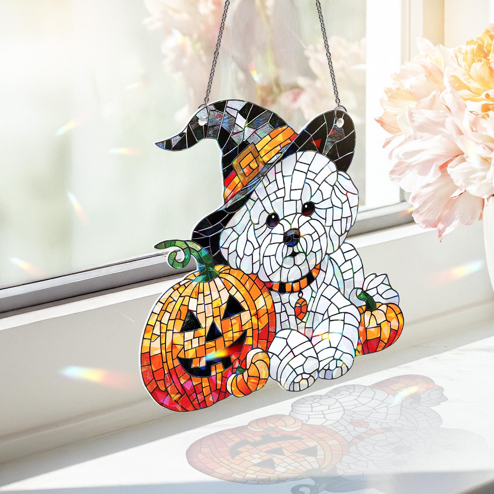 Bichon Frise Halloween Suncatcher • Dog Witch Hat Holographic Window Hanging