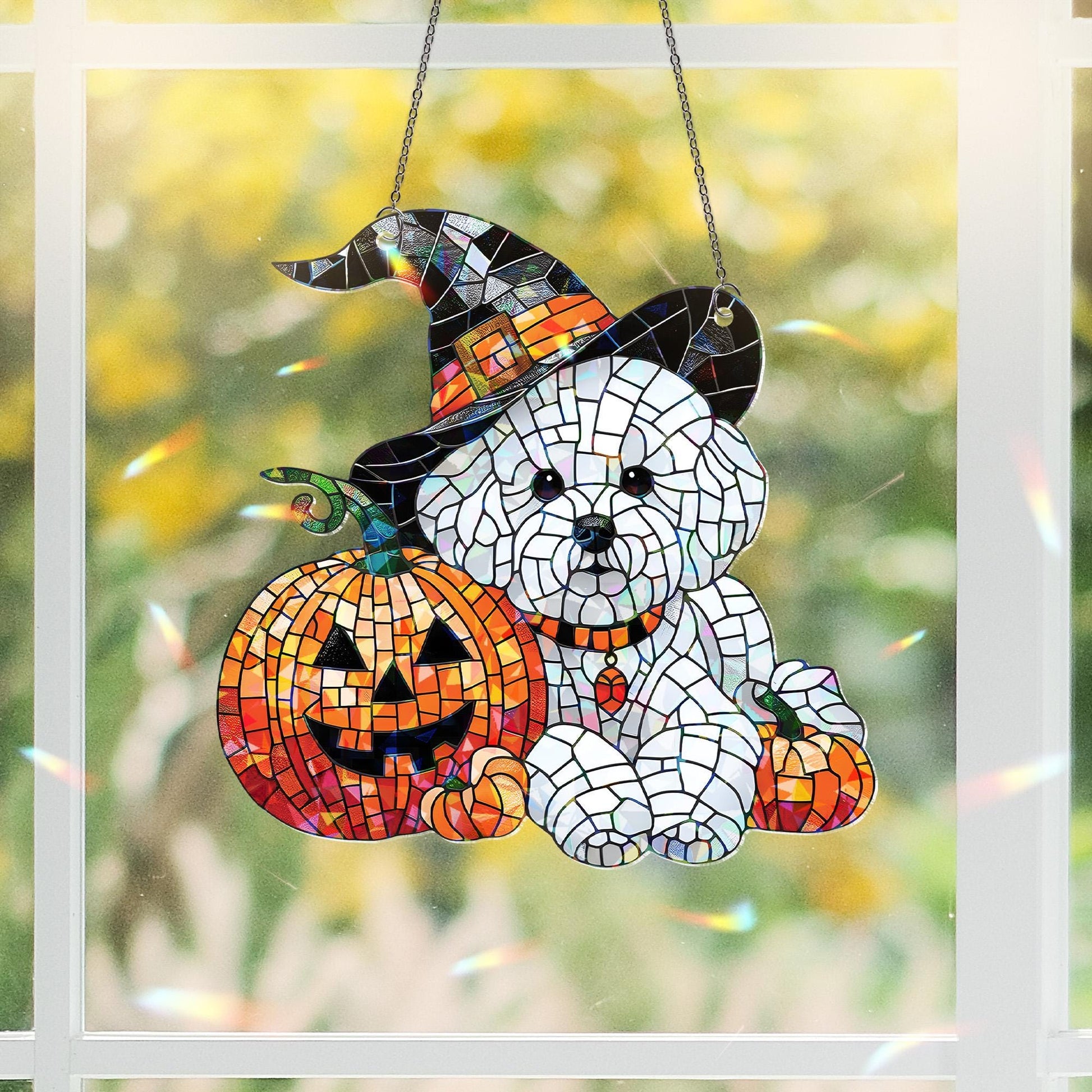 Bichon Frise Halloween Suncatcher • Dog Witch Hat Holographic Window Hanging