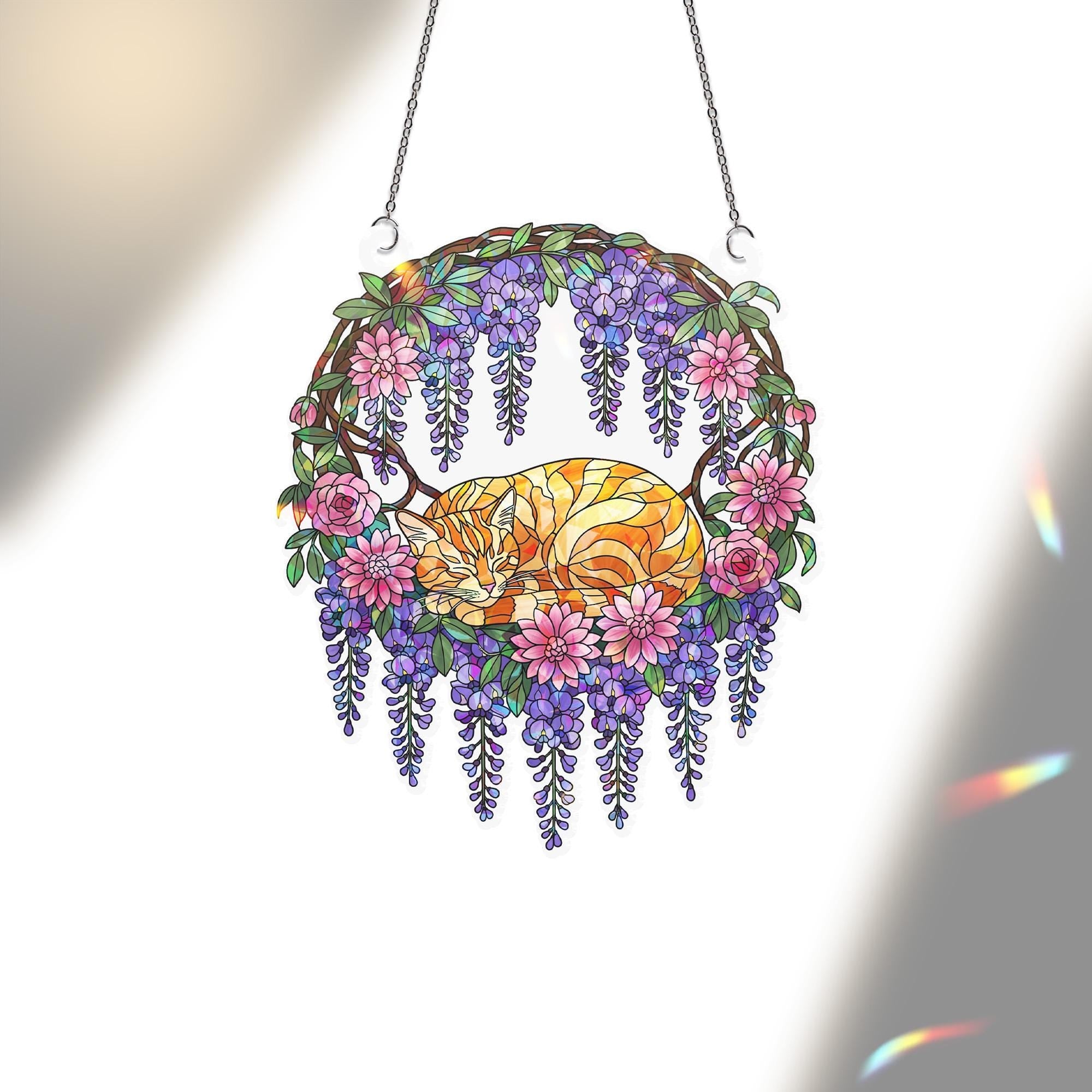 Holographic Cat Window Hanging | Stained Glass Style Sun Catcher | Floral Wisteria Decor | Boho Home Decoration | Cat Lover Gift