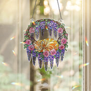 Holographic Cat Window Hanging | Stained Glass Style Sun Catcher | Floral Wisteria Decor | Boho Home Decoration | Cat Lover Gift