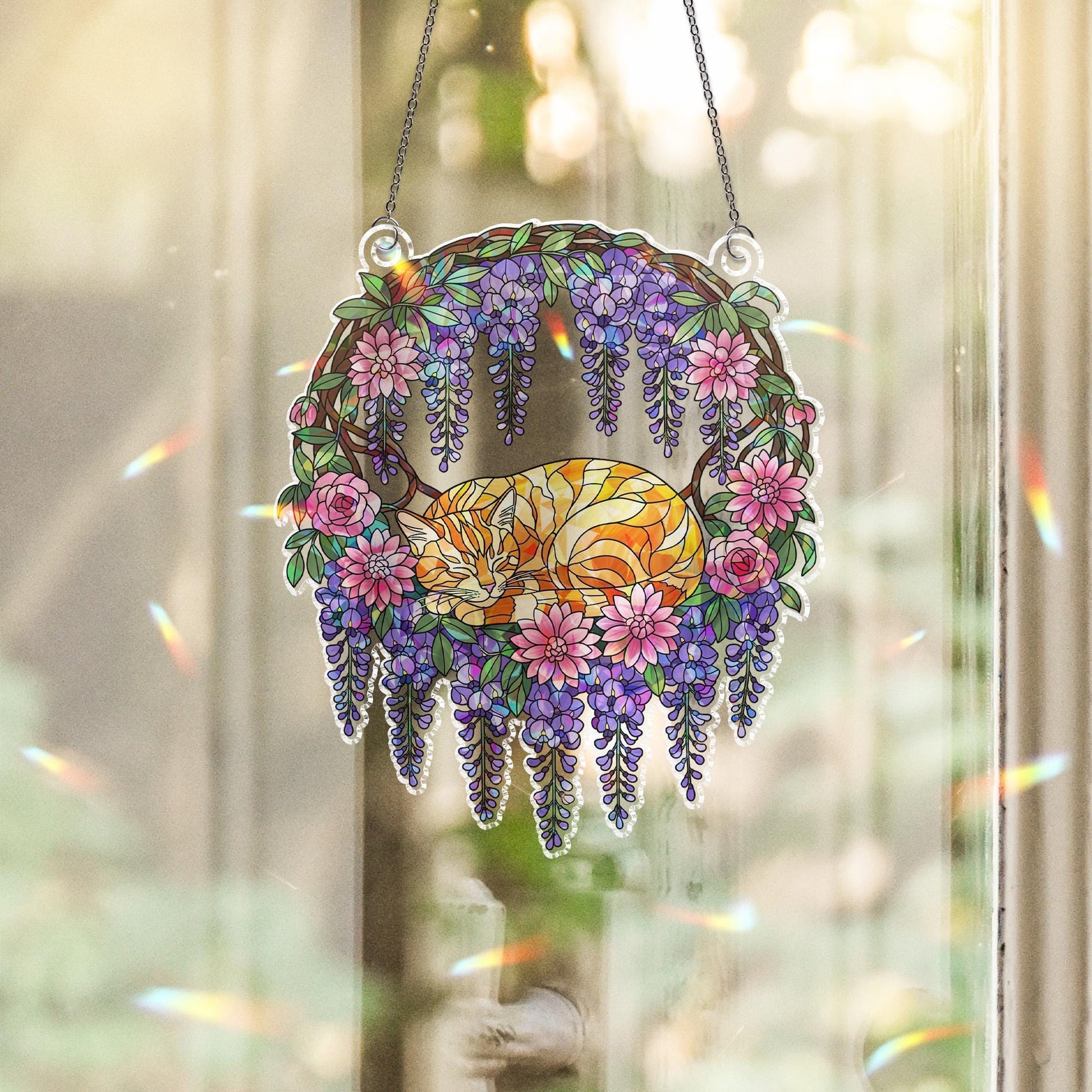 Holographic Cat Window Hanging | Stained Glass Style Sun Catcher | Floral Wisteria Decor | Boho Home Decoration | Cat Lover Gift
