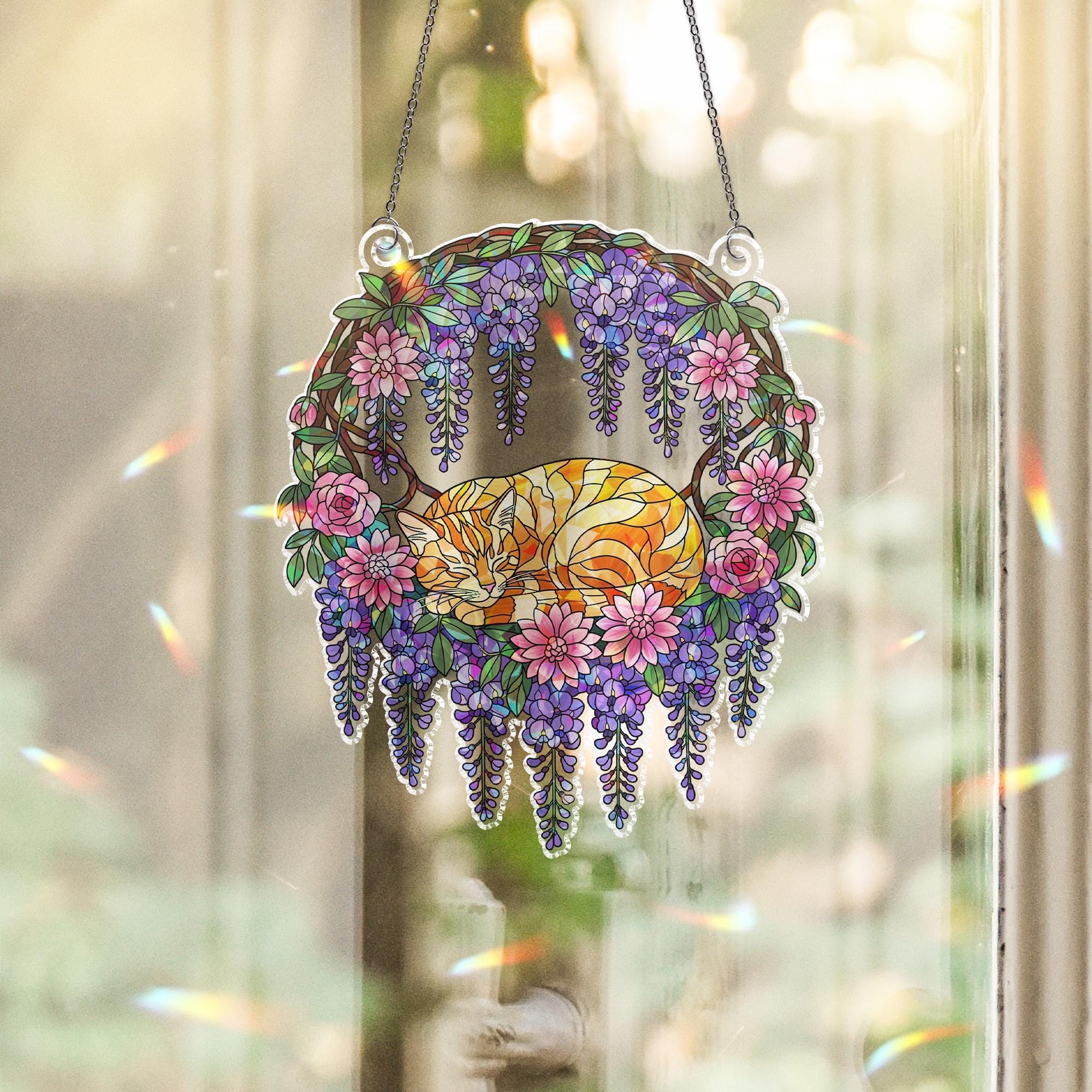 Holographic Cat Window Hanging | Stained Glass Style Sun Catcher | Floral Wisteria Decor | Boho Home Decoration | Cat Lover Gift