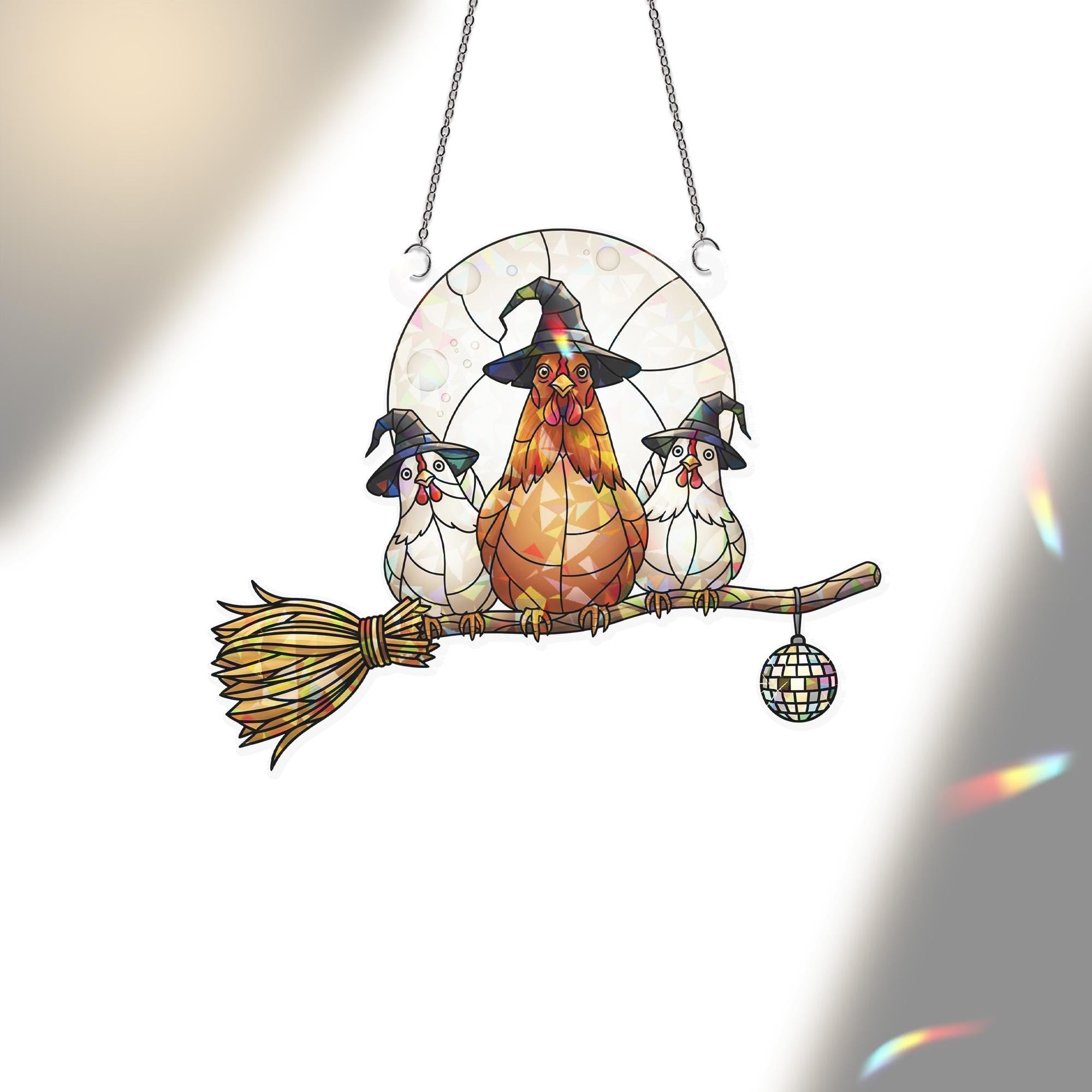 Holographic Chicken Sun Catcher: Witch Hat Hen, Farmhouse Fall Decor