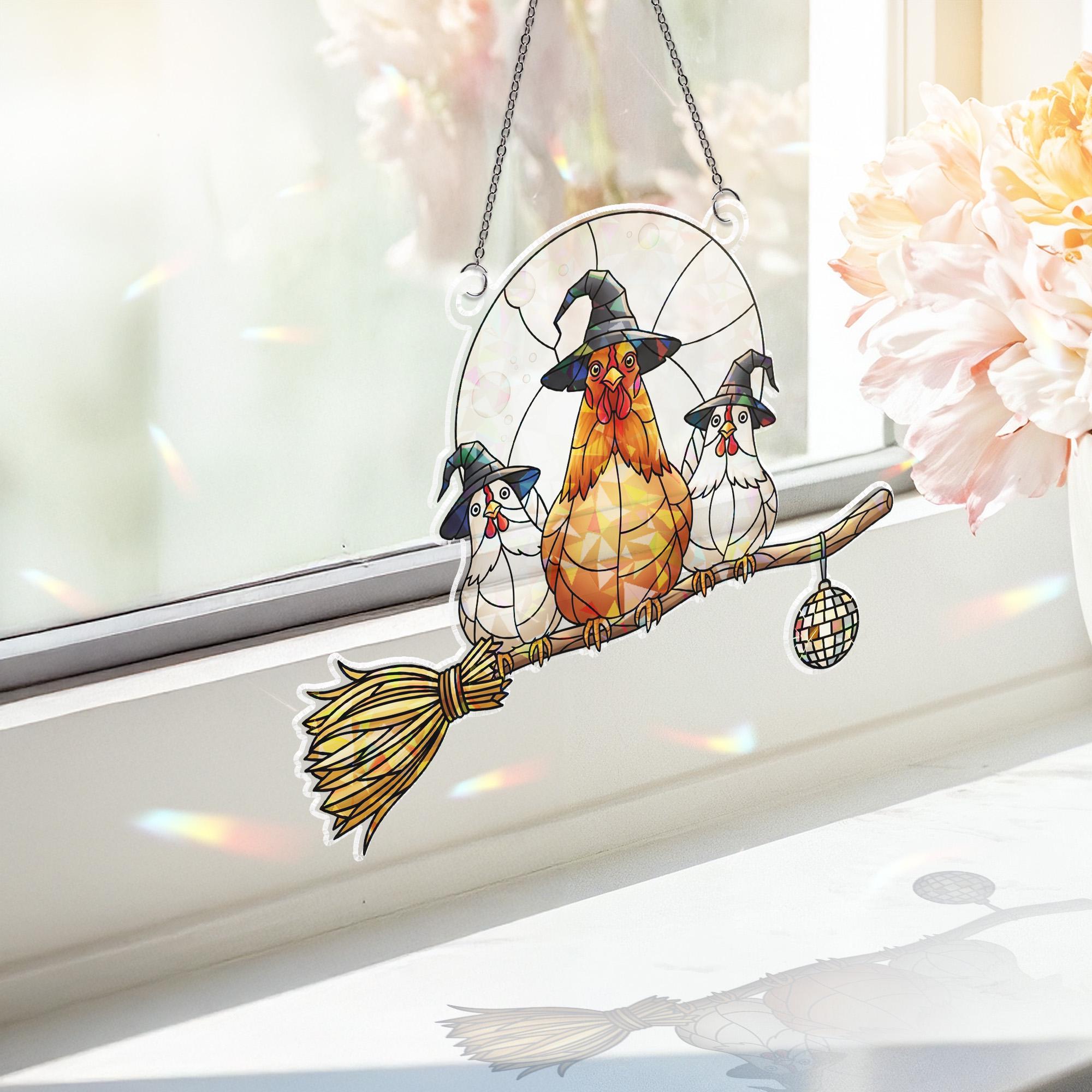 Holographic Chicken Sun Catcher: Witch Hat Hen, Farmhouse Fall Decor
