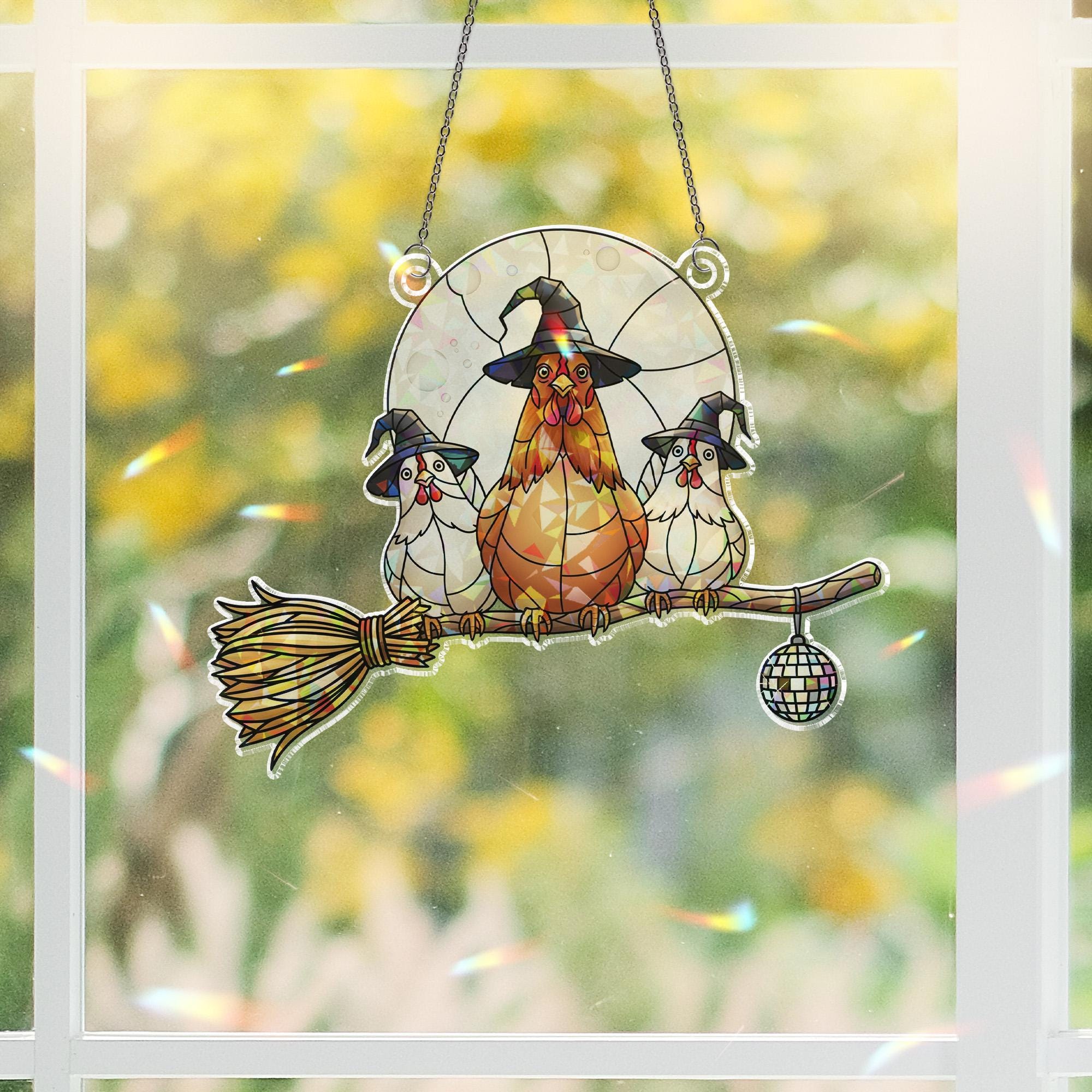 Holographic Chicken Sun Catcher: Witch Hat Hen, Farmhouse Fall Decor