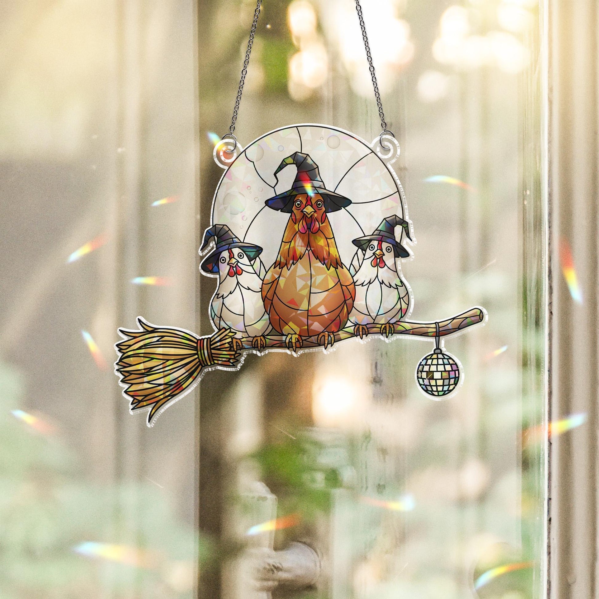 Holographic Chicken Sun Catcher: Witch Hat Hen, Farmhouse Fall Decor