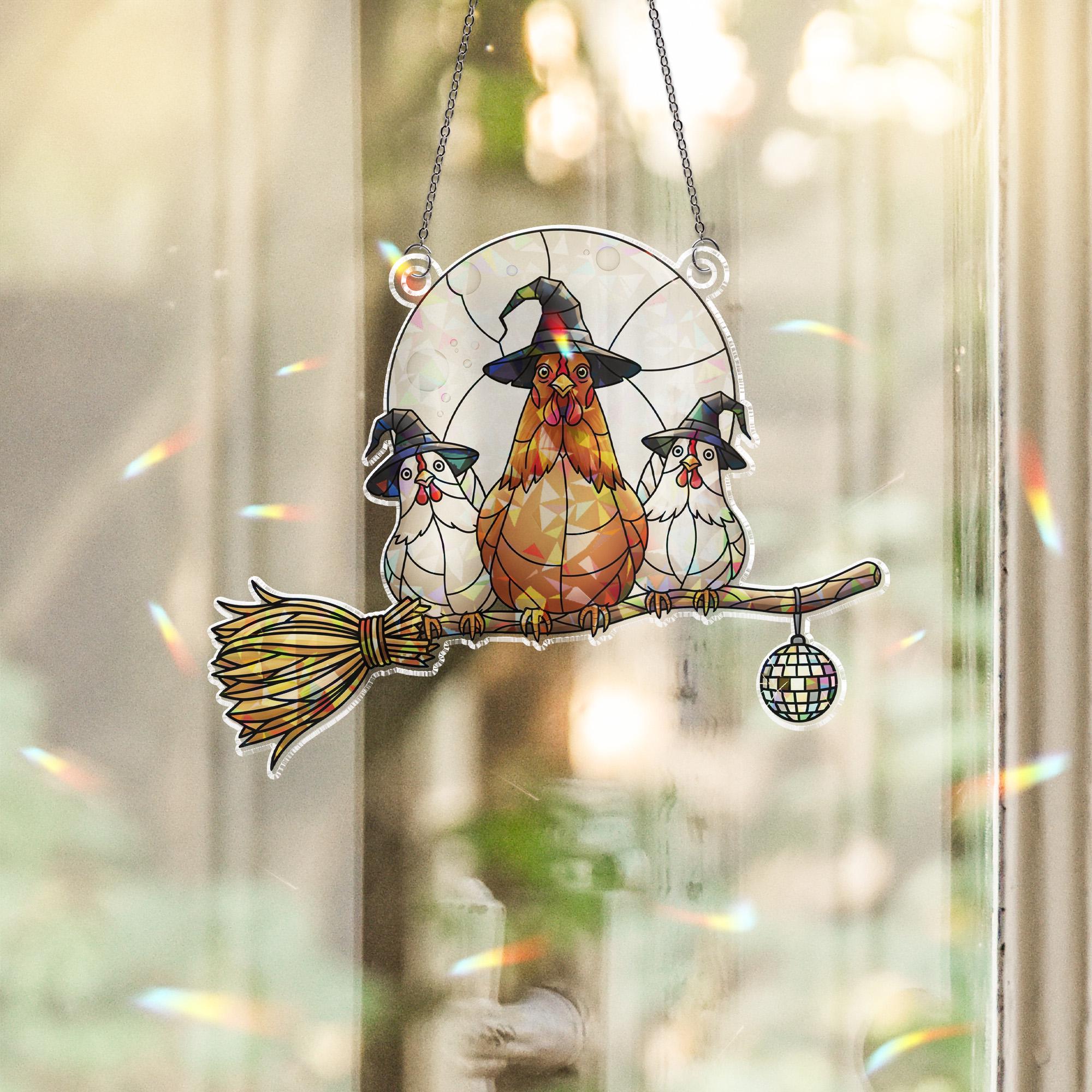 Holographic Chicken Sun Catcher: Witch Hat Hen, Farmhouse Fall Decor