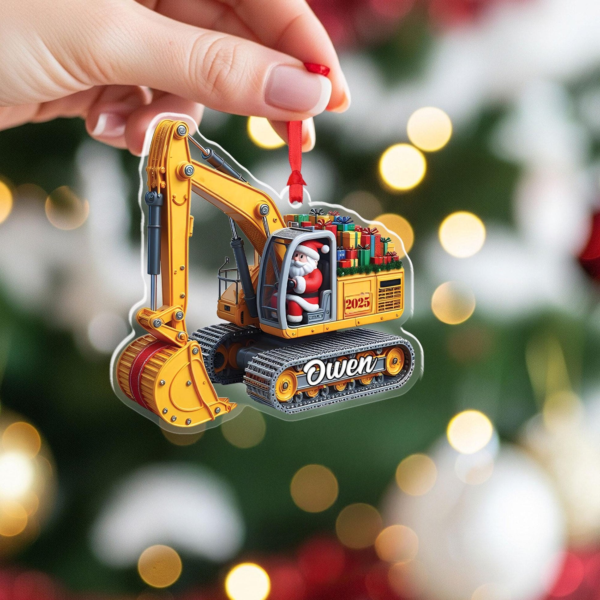 Personalized Excavator Christmas Ornament: 2D Flat Construction Keepsake