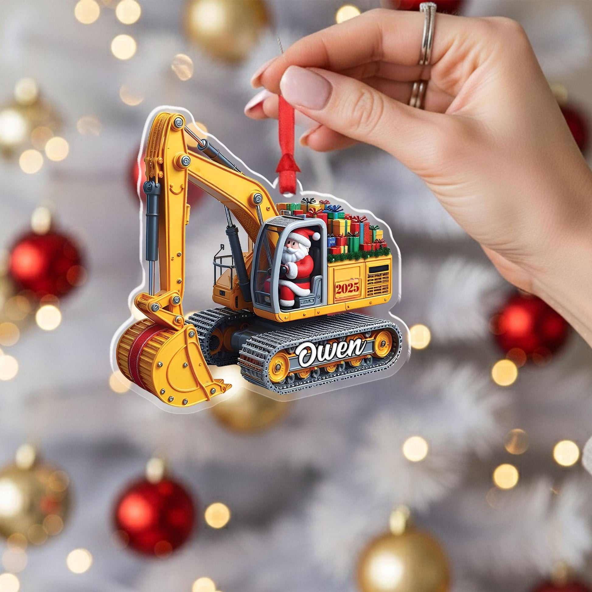 Personalized Excavator Christmas Ornament: 2D Flat Construction Keepsake