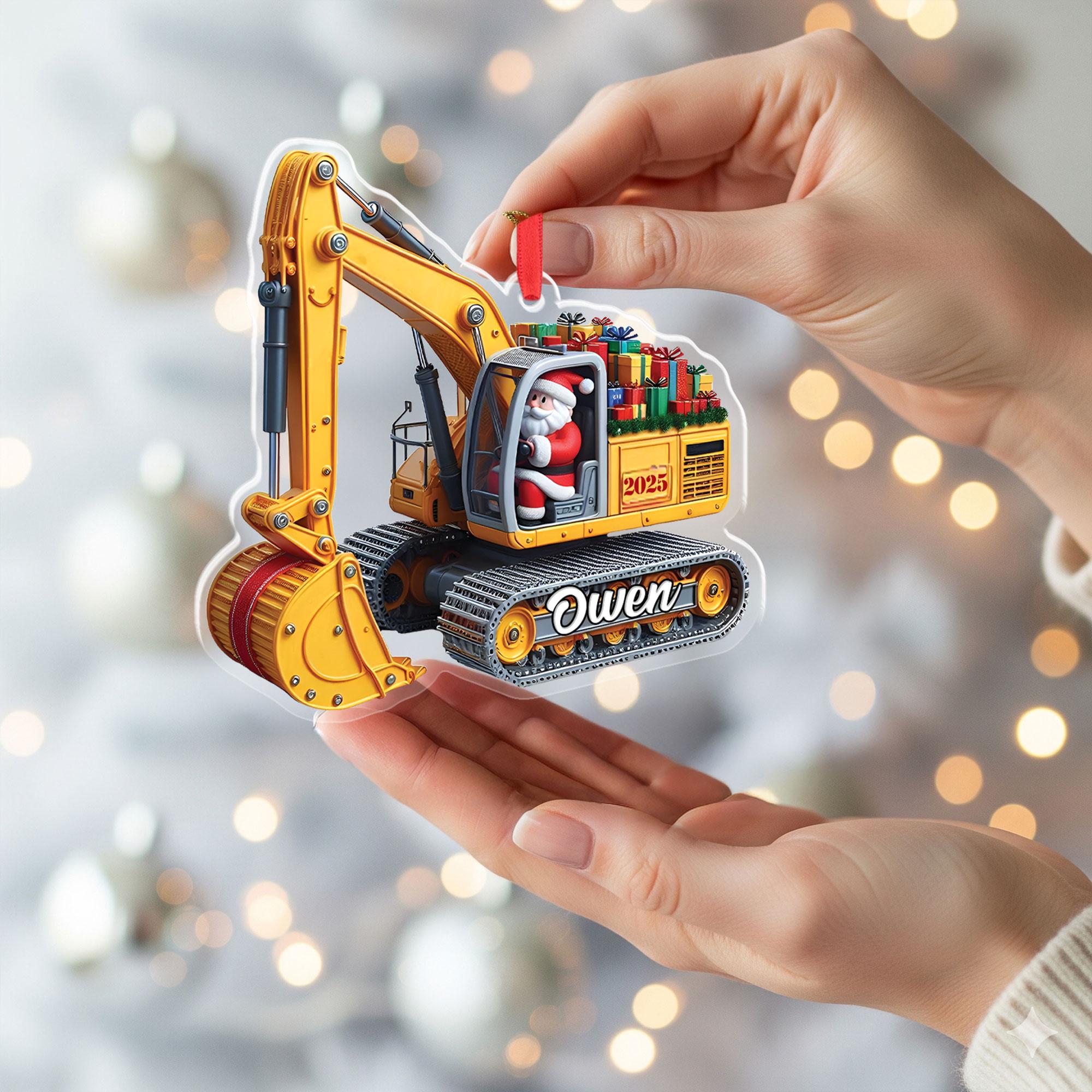 Personalized Excavator Christmas Ornament: 2D Flat Construction Keepsake