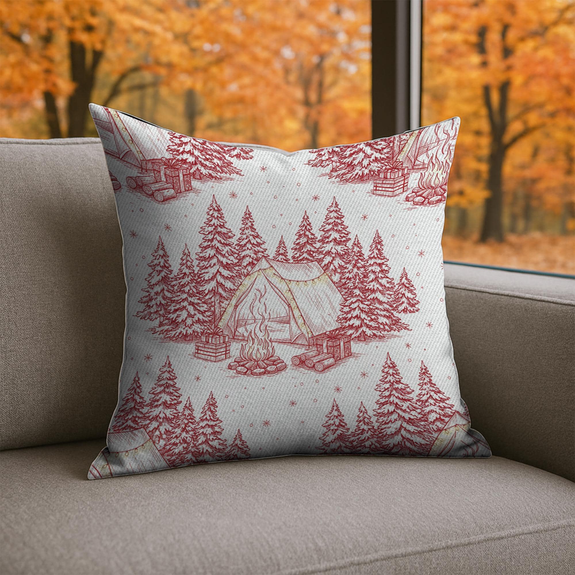 Linen Pillow – Camping Tent and Pine Tree Pattern with Campfire Design