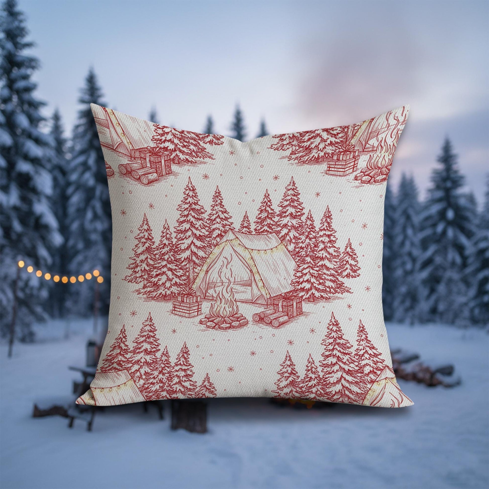 Linen Pillow – Camping Tent and Pine Tree Pattern with Campfire Design