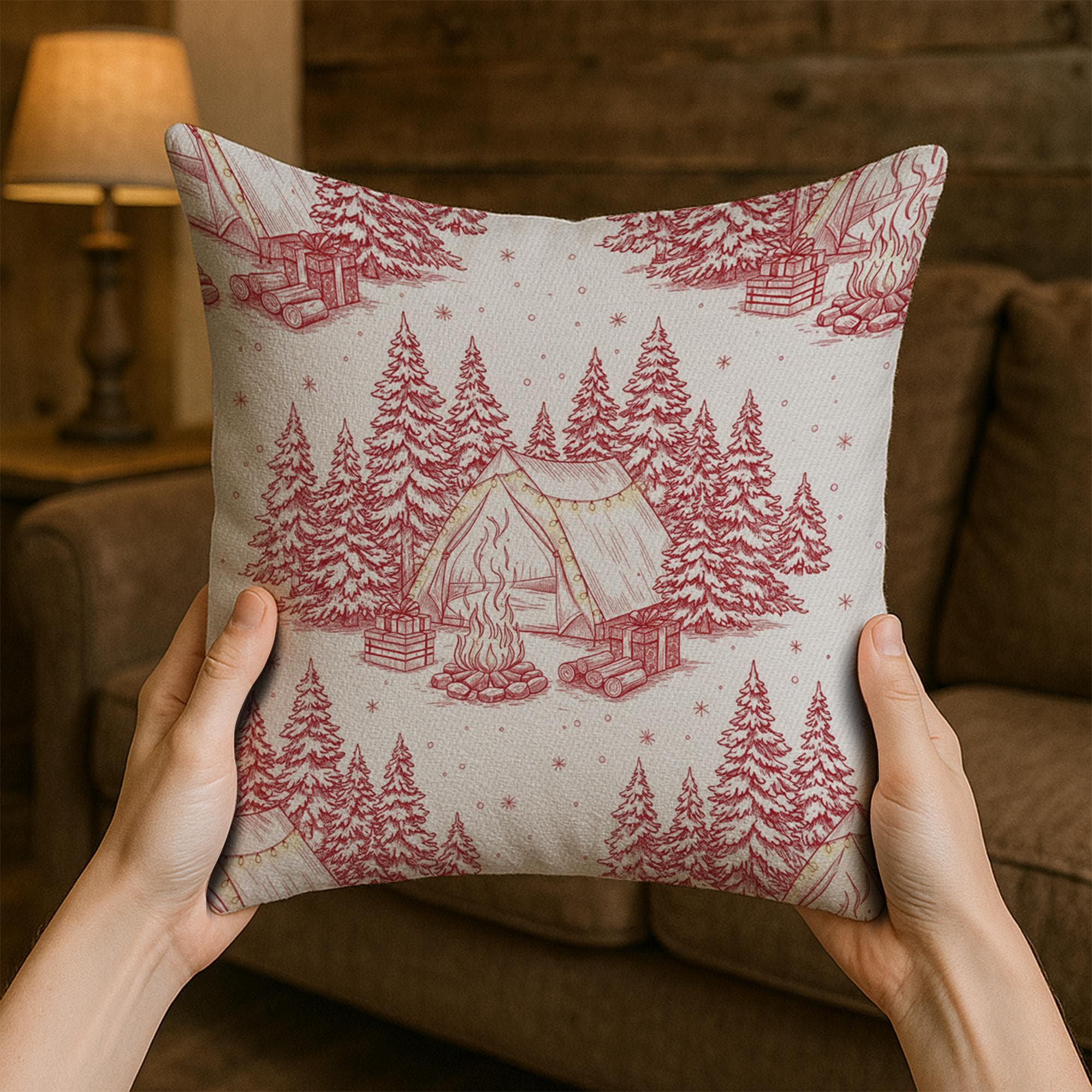 Linen Pillow – Camping Tent and Pine Tree Pattern with Campfire Design