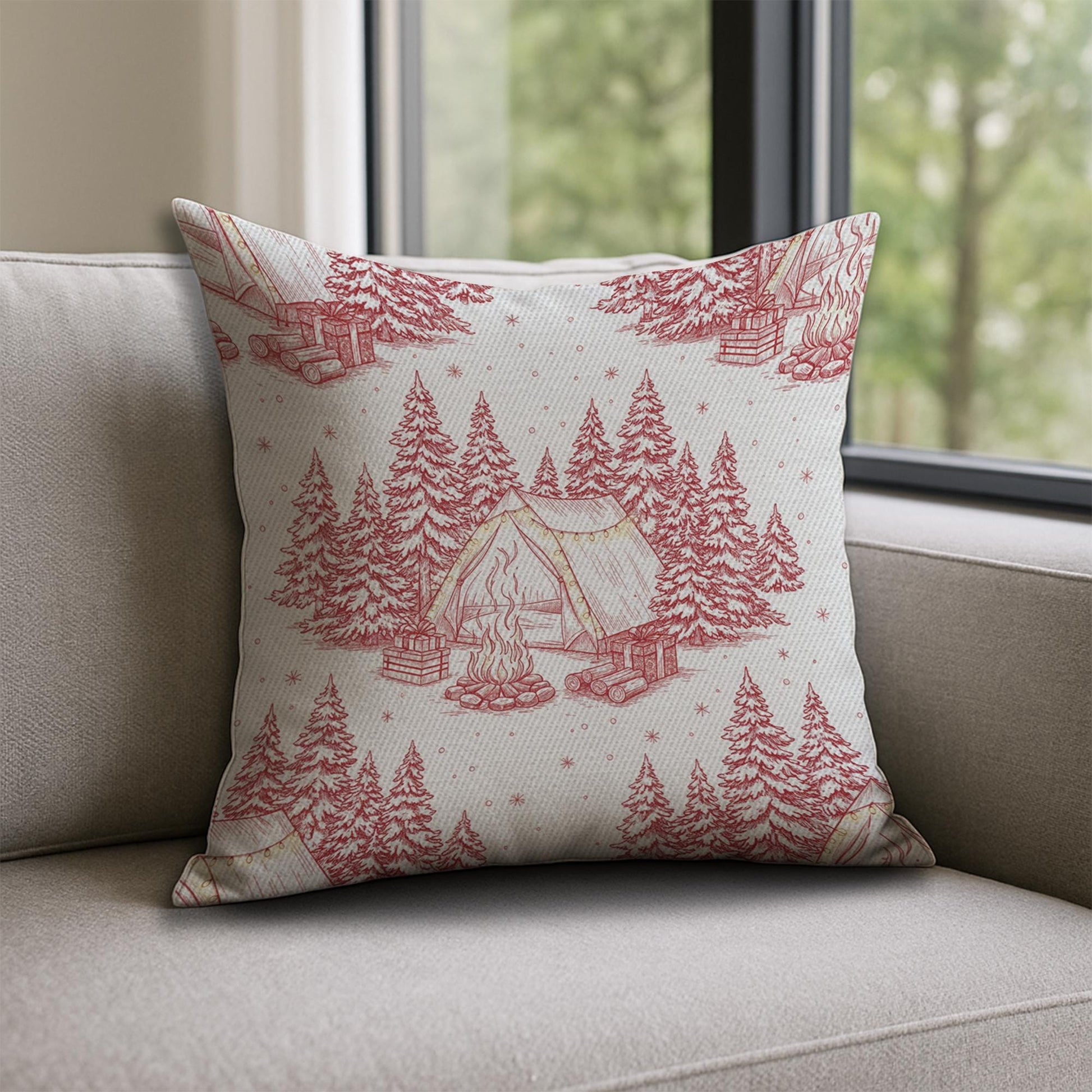 Linen Pillow – Camping Tent and Pine Tree Pattern with Campfire Design