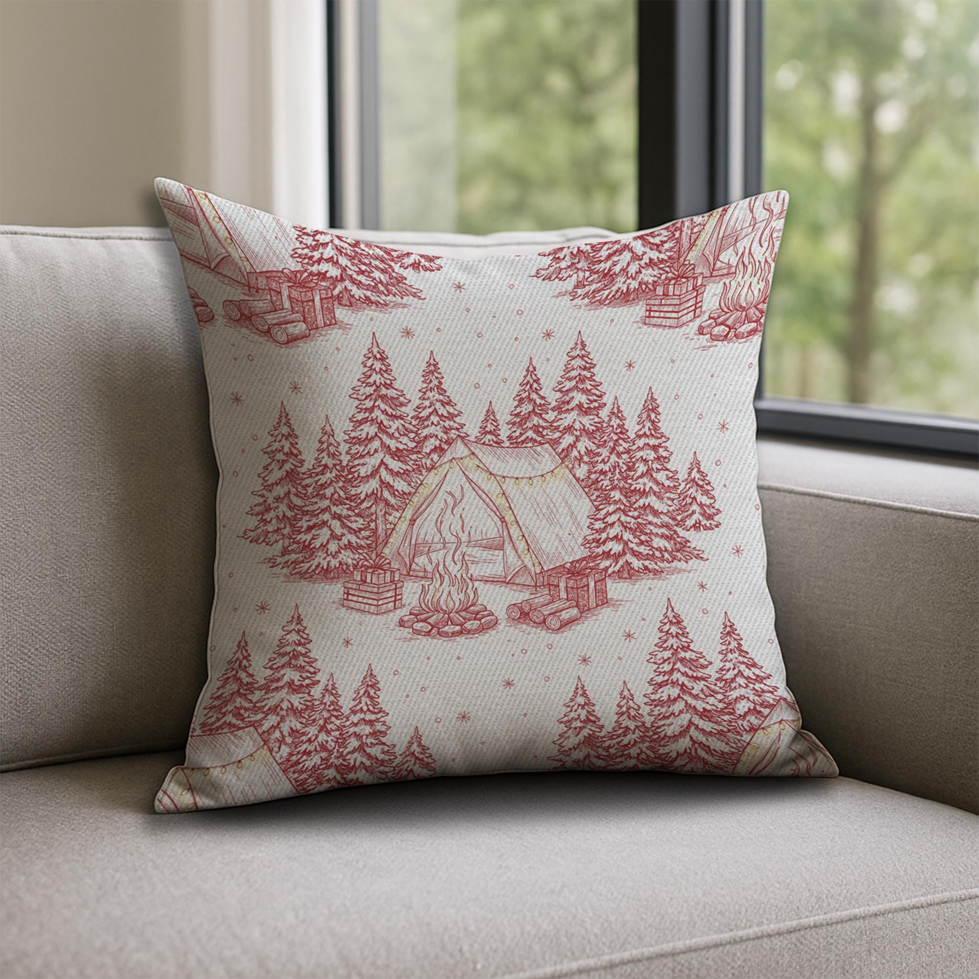 Linen Pillow – Camping Tent and Pine Tree Pattern with Campfire Design