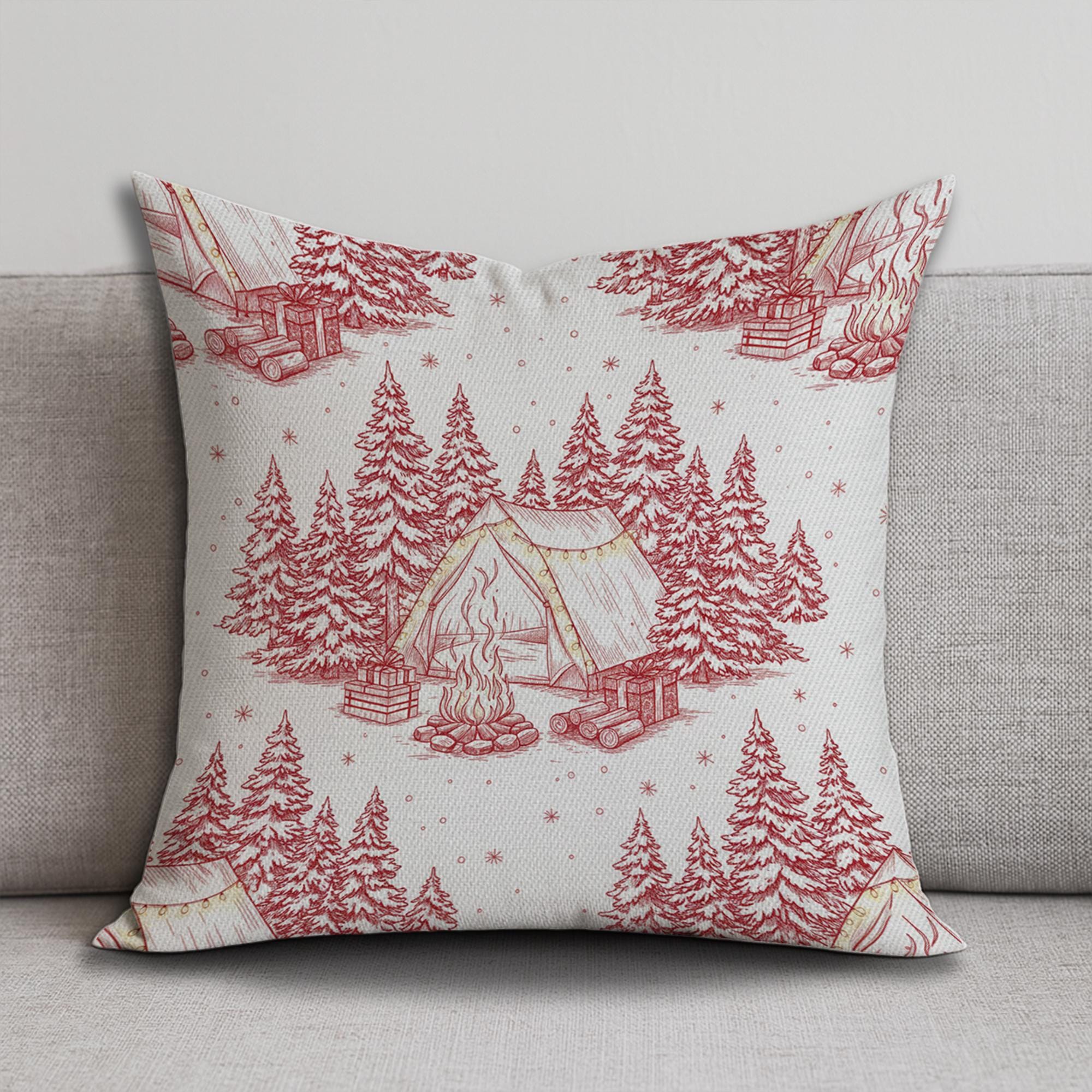 Linen Pillow – Camping Tent and Pine Tree Pattern with Campfire Design